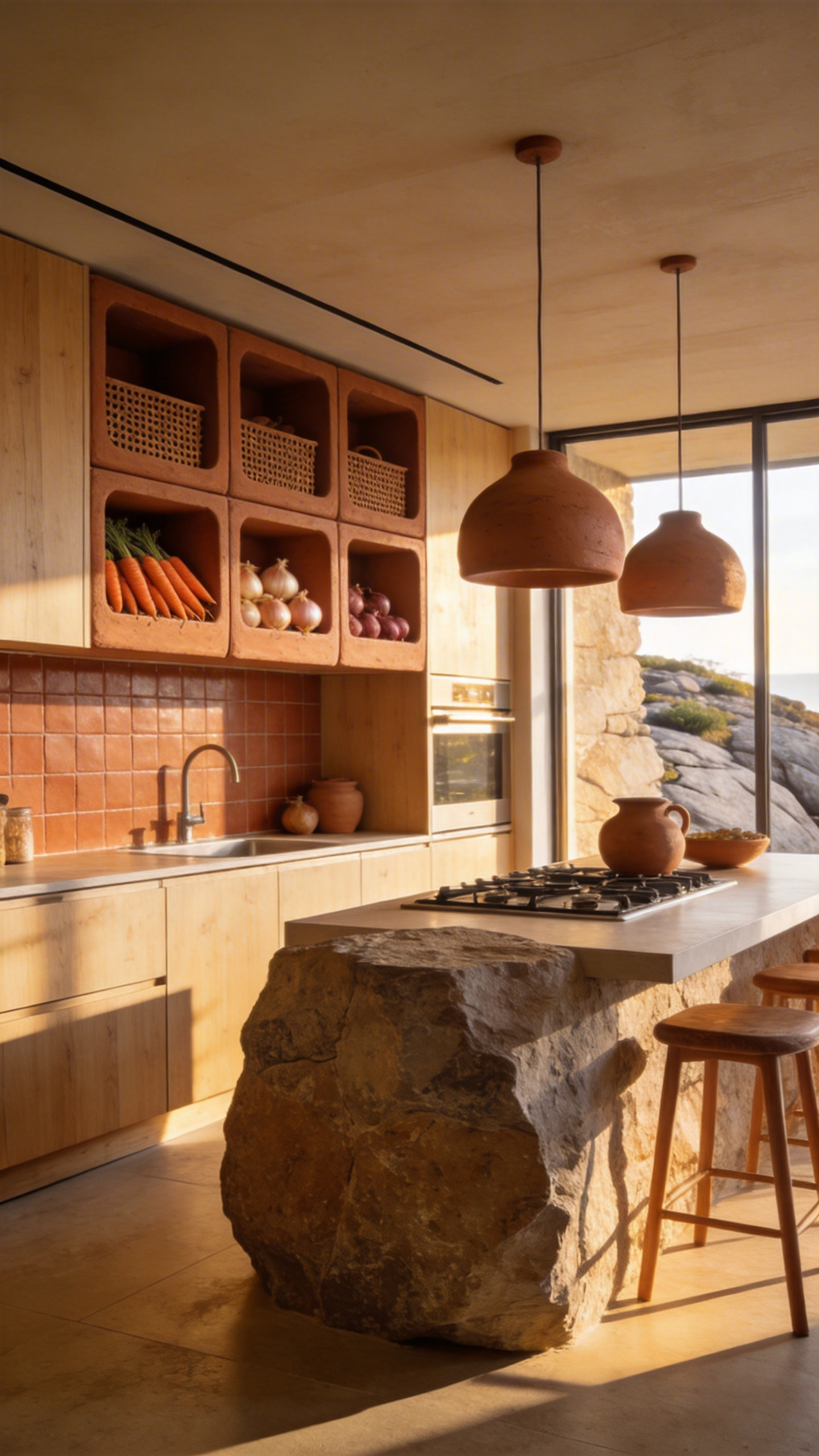 A high-end kitchen featuring sustainable terracotta storage modules and earthy clay furniture elements.