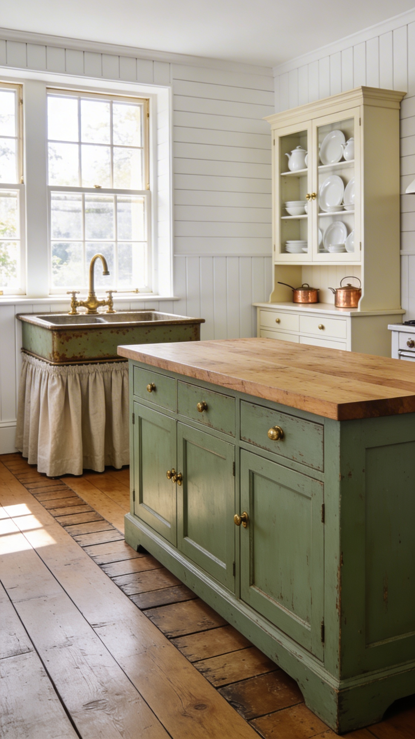 A bright traditional kitchen featuring freestanding furniture pieces, including a sage green work table and a separate cream-colored hutch, illustrating the unfitted kitchen design trend.