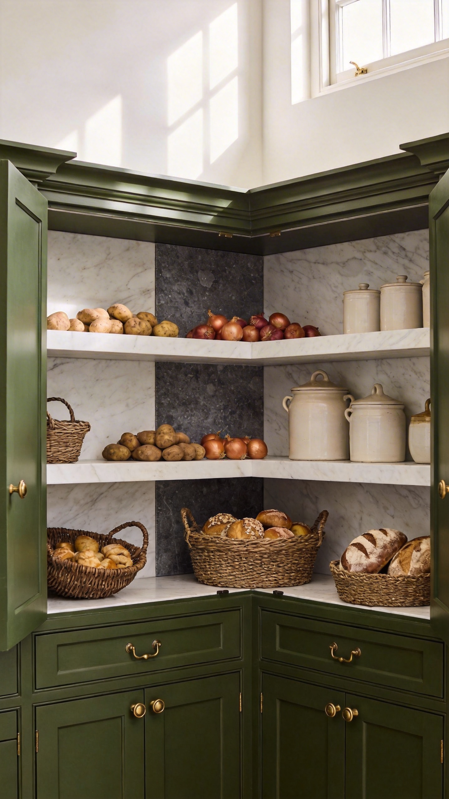 Open heritage green larder cupboard with solid marble and granite cool shelving storing root vegetables and preserved goods in a sophisticated traditional kitchen setting.