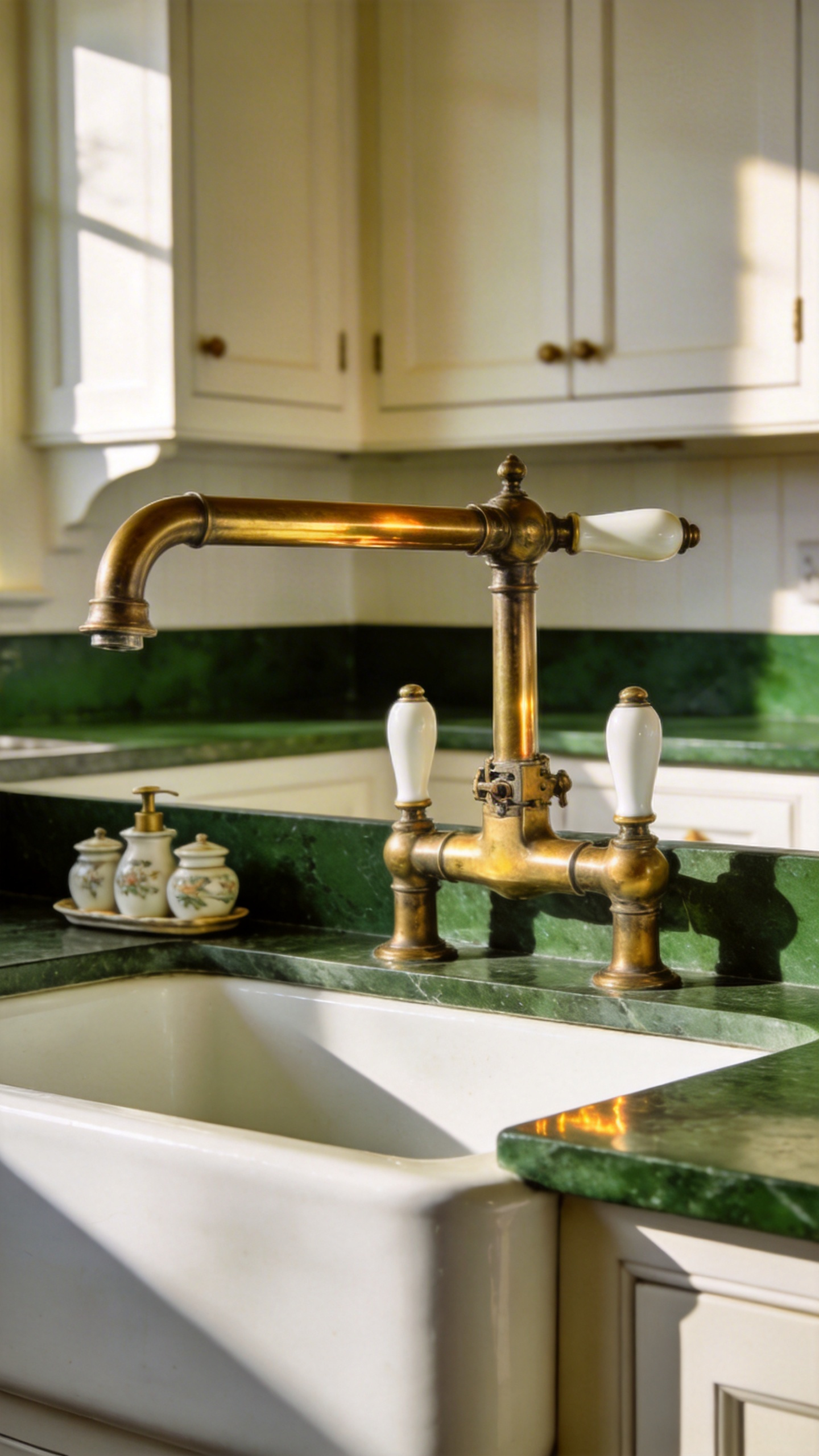 A detailed view of a polished antique brass bridge faucet acting as the architectural centerpiece over a white farmhouse sink in a traditional kitchen with deep green soapstone countertops.