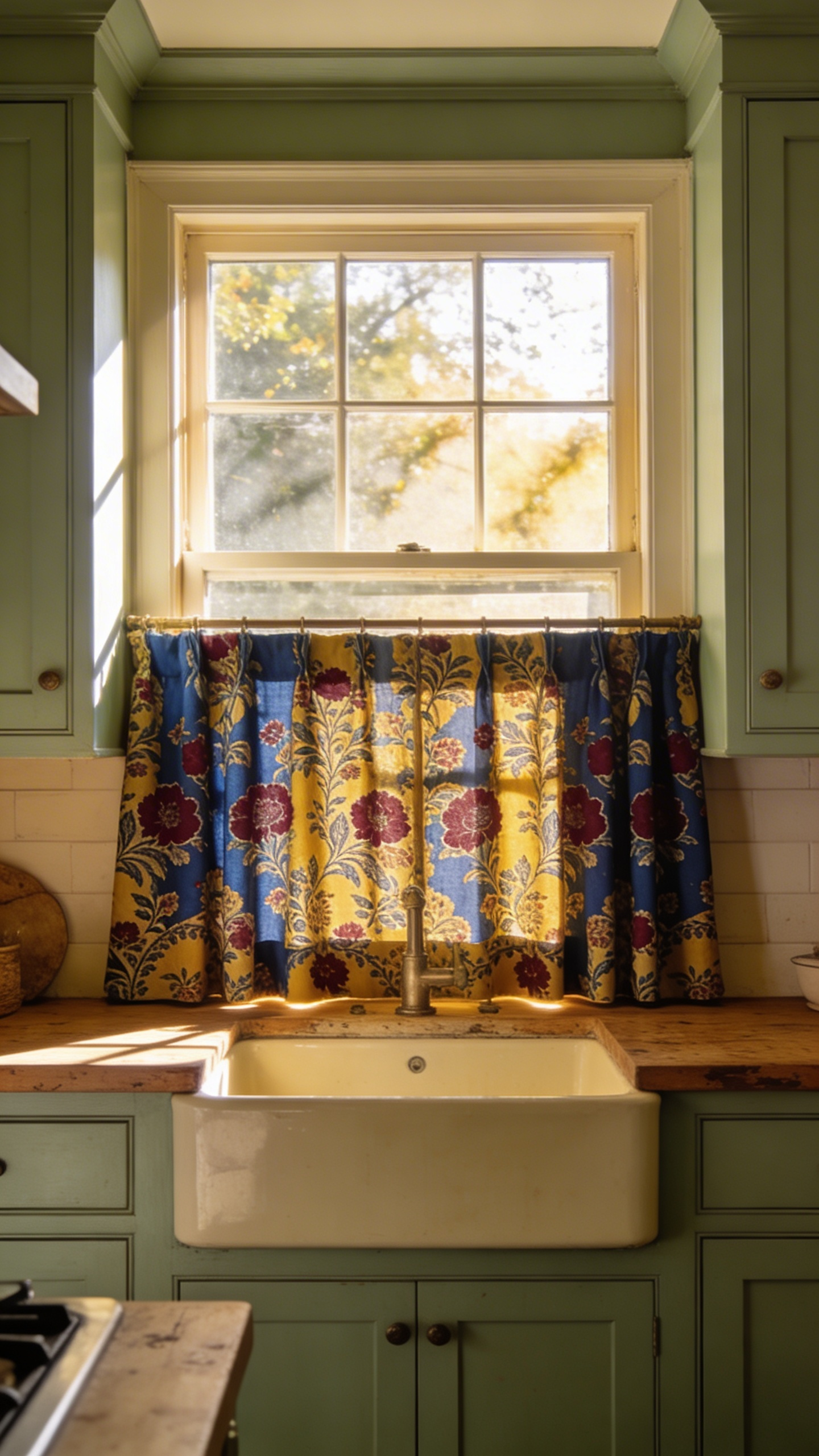 Traditional kitchen with sage green cabinets, an apron sink, and cafe curtains made of hand-blocked Indian botanical print fabric.