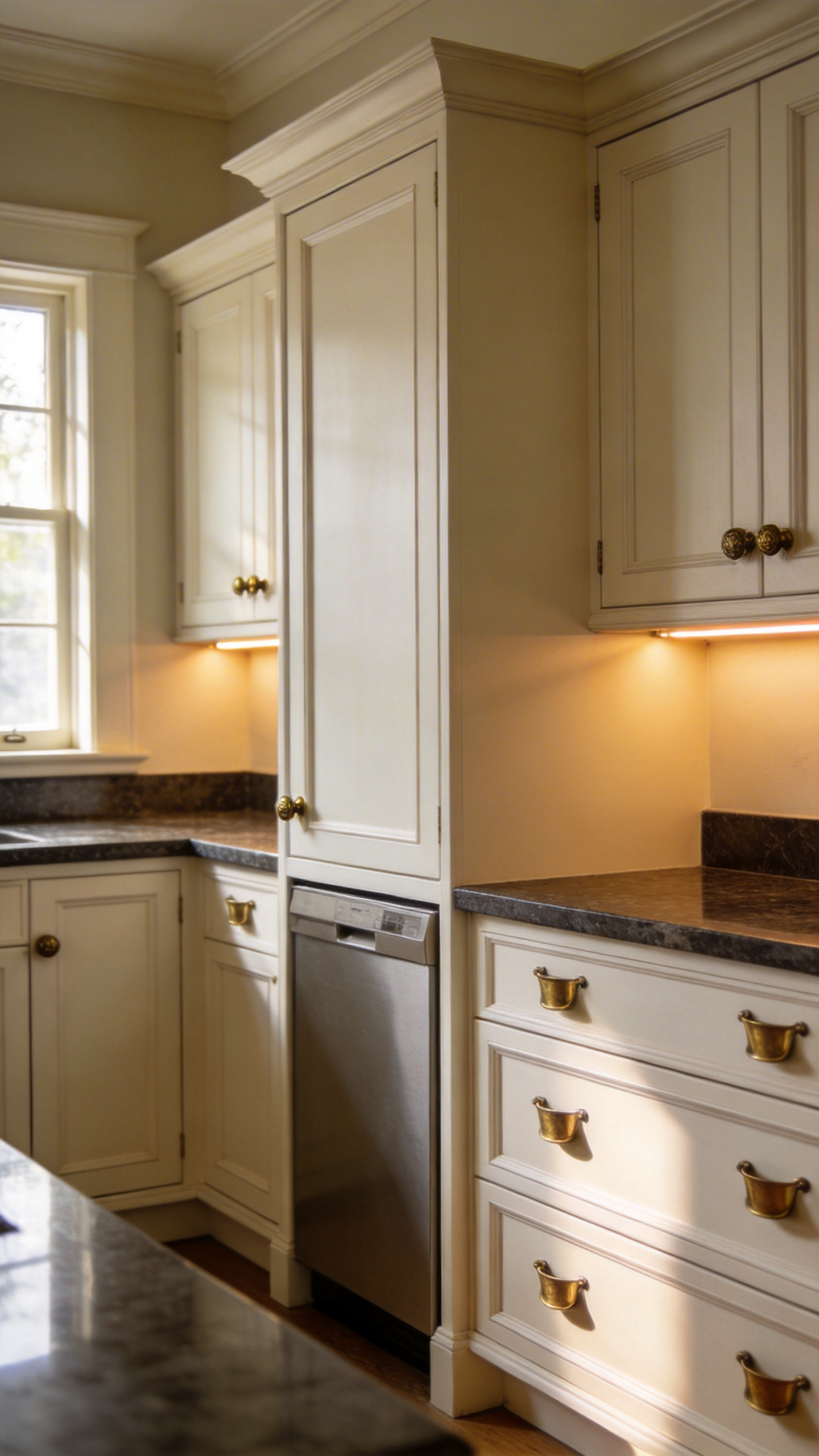 Detailed photograph of a traditional ivory kitchen showing a seamless design where the panel-ready dishwasher is completely hidden behind custom cabinet paneling, maintaining visual continuity.