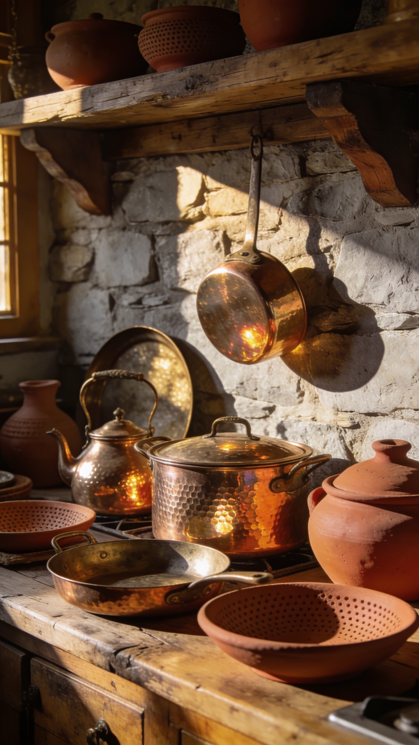 A photograph showing a collection of traditional copper pots and reddish-brown earthenware clay vessels arranged on a rustic wooden counter in a warm, traditional kitchen.