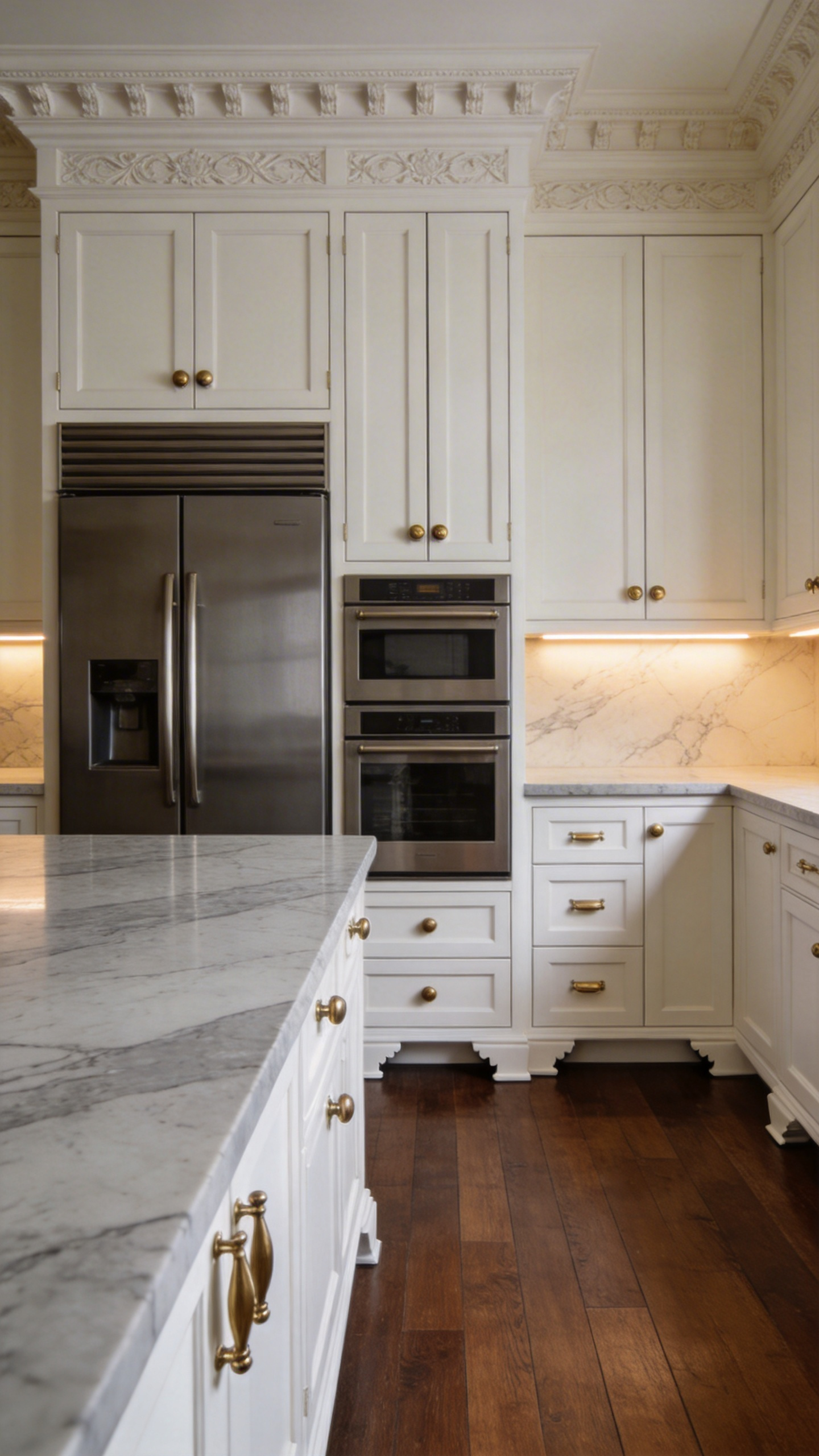 A spacious traditional kitchen featuring seamless creamy white cabinetry, integrating a panel-ready refrigerator and appliances for a visually silent, modern function design.
