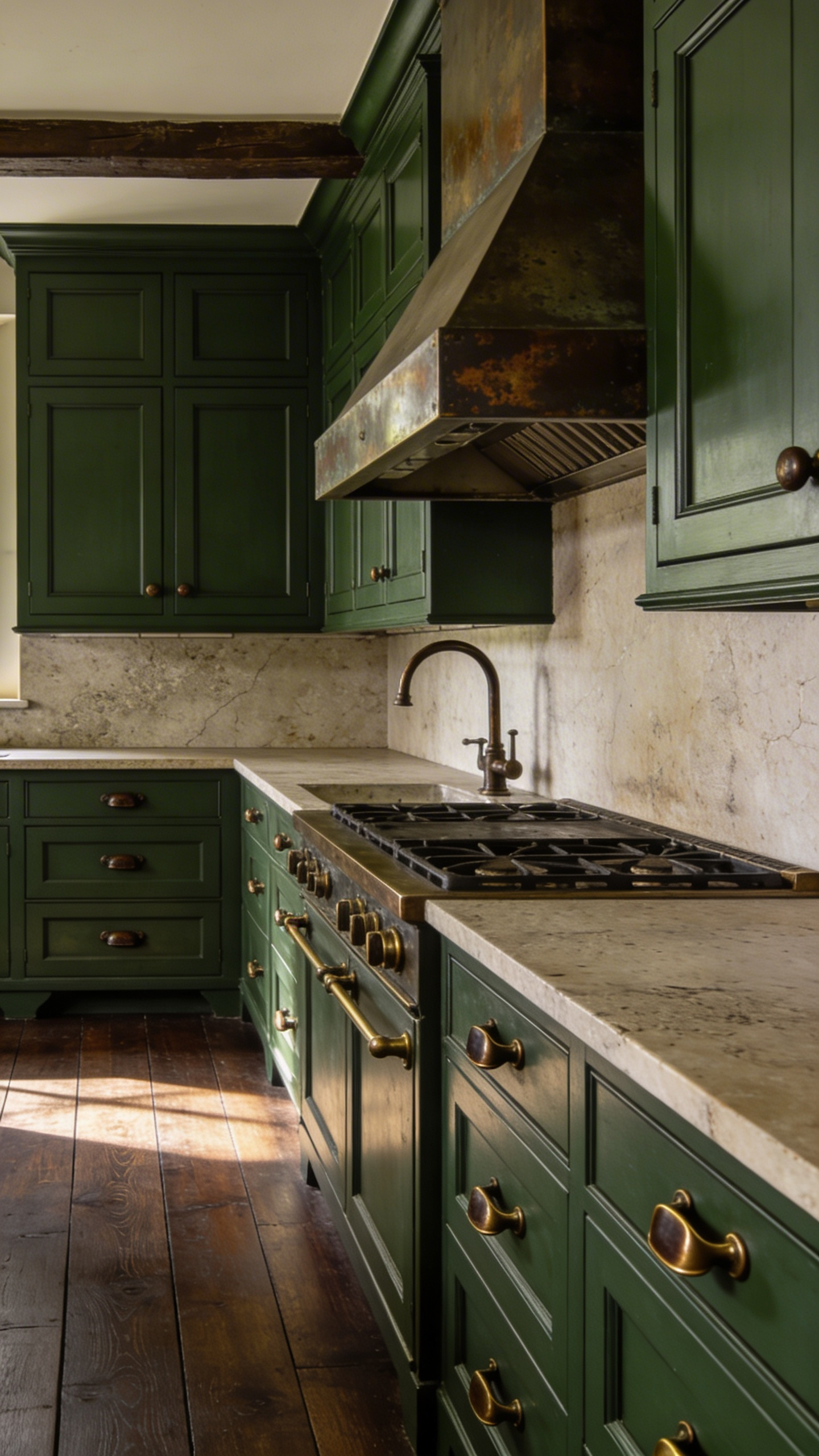 A full-view traditional kitchen featuring deep green shaker cabinets, dark soapstone counters, and unlacquered brass hardware displaying a dark, aged patina.