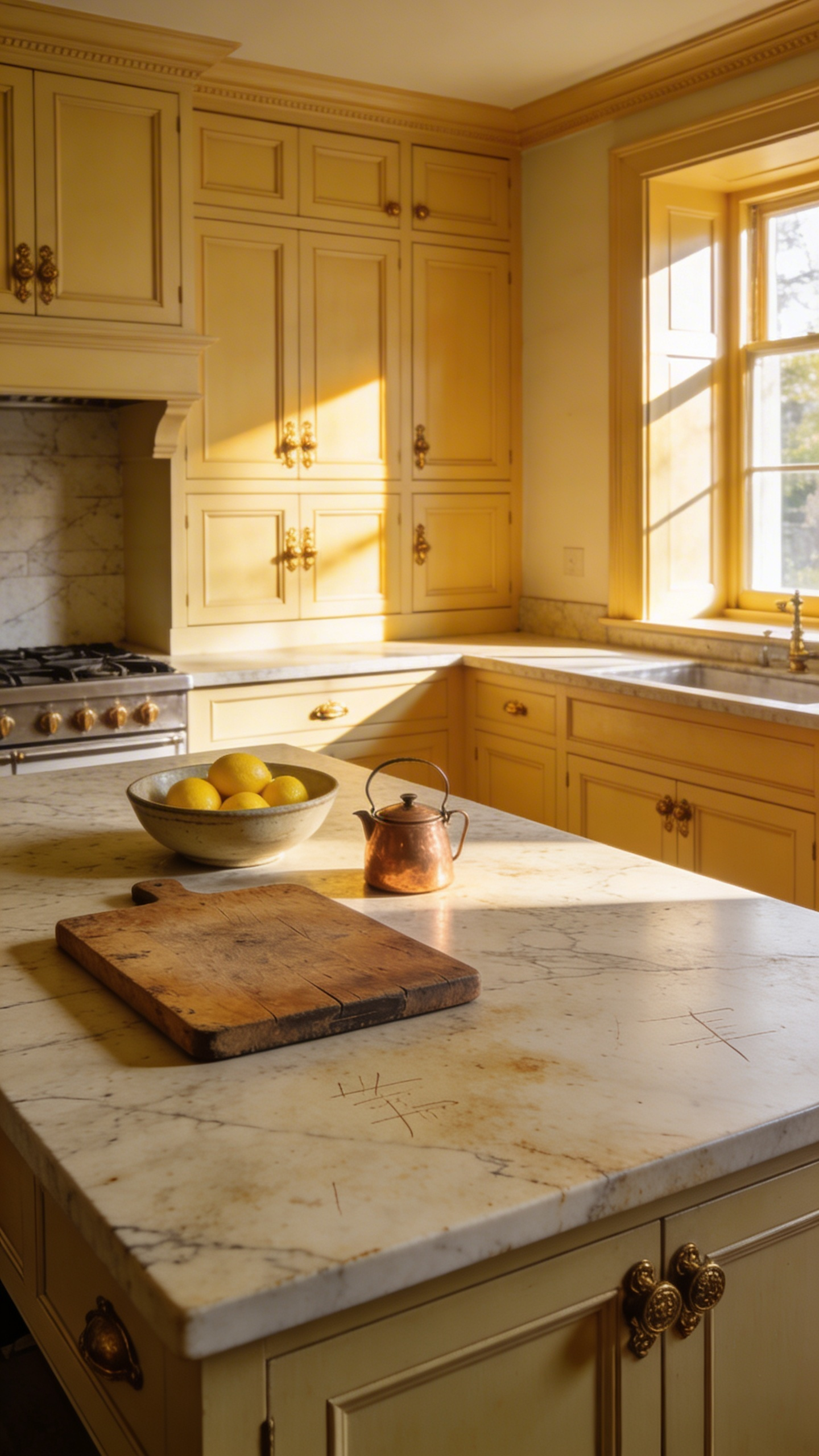 Traditional kitchen featuring a honed Carrara marble countertop with visible patina and etching marks, set against warm cream cabinetry and burnished brass hardware, symbolizing authentic, well-loved design.