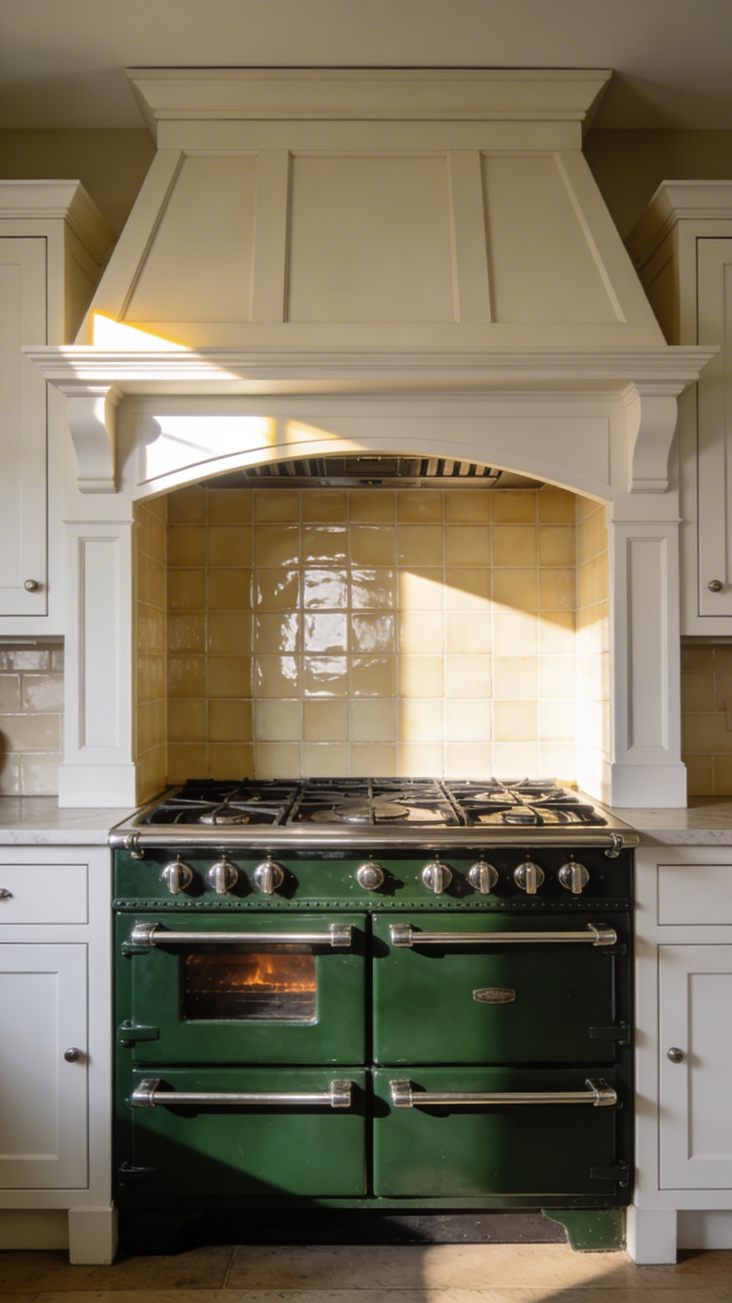 A deep hunter-green cast-iron range cooker placed as the substantial, central anchor within a traditional kitchen featuring off-white shaker cabinetry and Zellige tile backsplash.