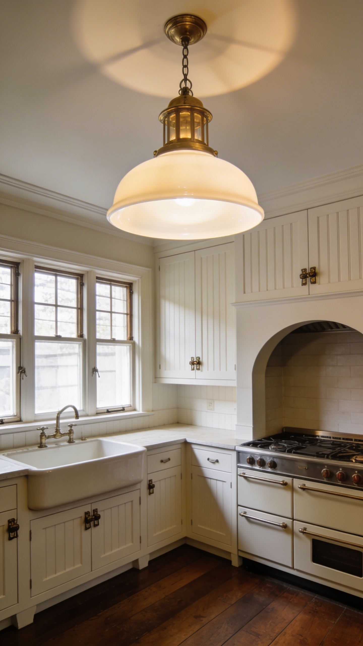 A traditional 1920s kitchen featuring a central Schoolhouse pendant light fixture with opaque milk glass, casting a soft, warm, shadow-free illumination over the space.
