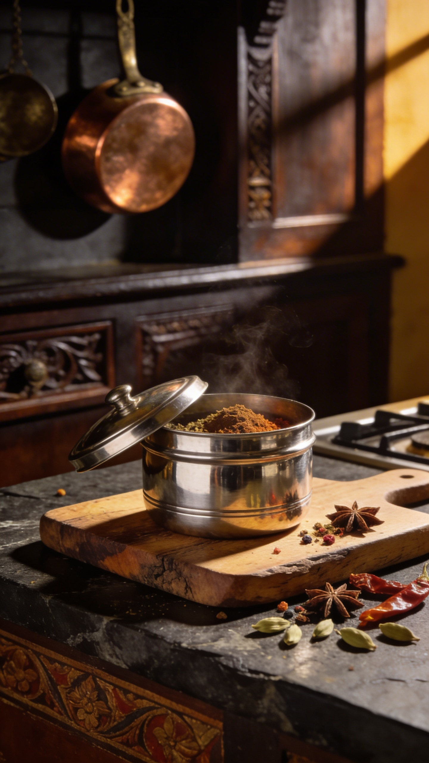 A traditional polished stainless steel Masala Dabba, slightly open, resting on a rustic wooden cutting board in a warm, heritage kitchen setting.