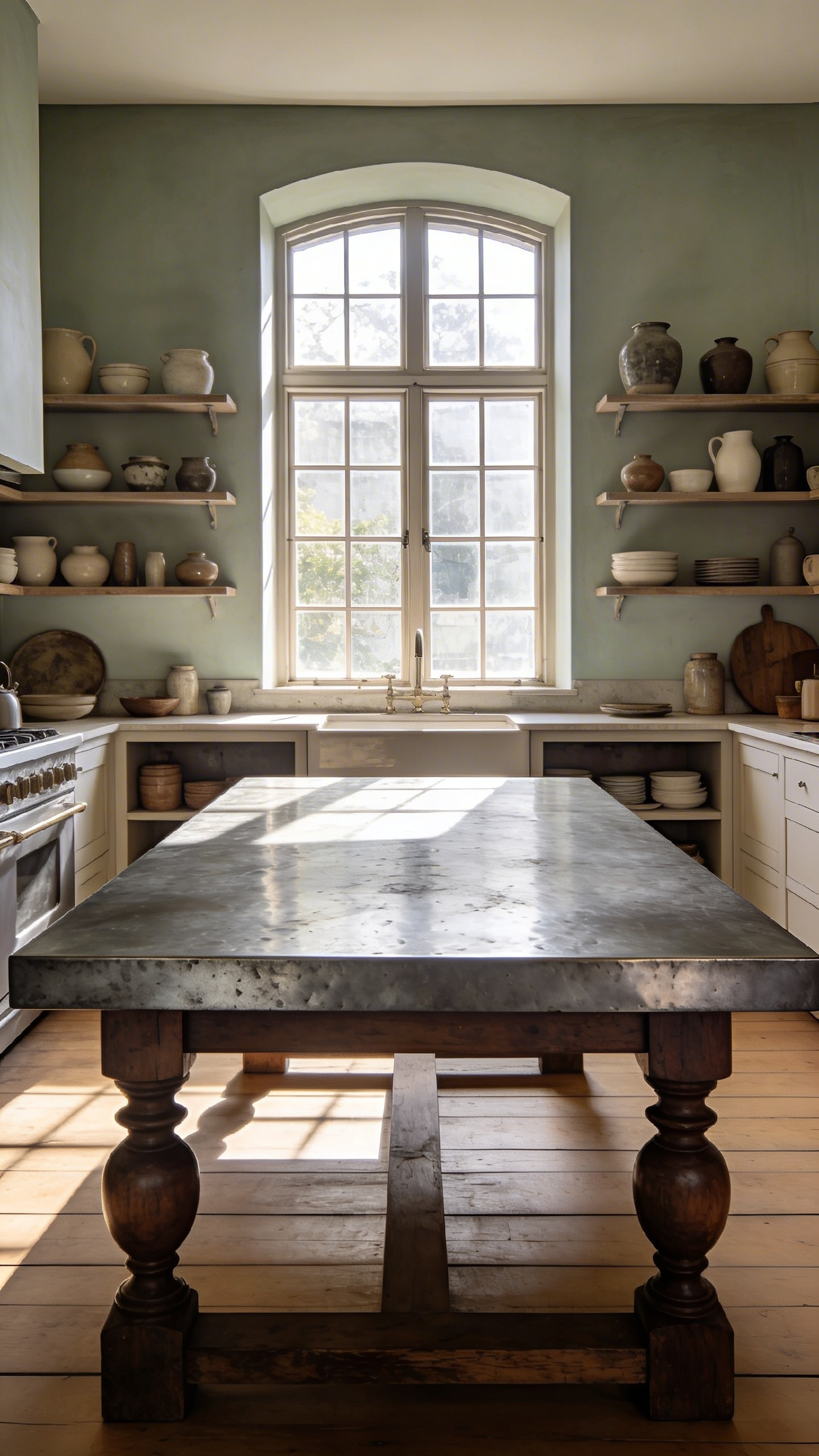 A large freestanding kitchen table with a weathered zinc top and dark wood legs in a sunlit character-filled kitchen.