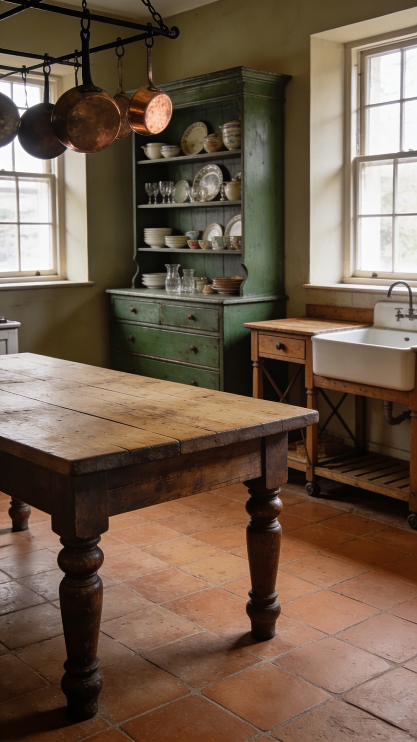 A detailed photograph showing a traditional unfitted kitchen featuring freestanding furniture like a heavy worktable and a tall dresser hutch, illustrating the pre-industrial design aesthetic.