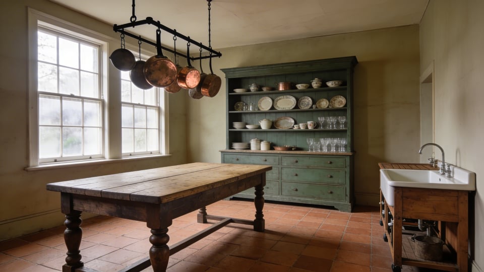 A detailed photograph showing a traditional unfitted kitchen featuring freestanding furniture like a heavy worktable and a tall dresser hutch, illustrating the pre-industrial design aesthetic.