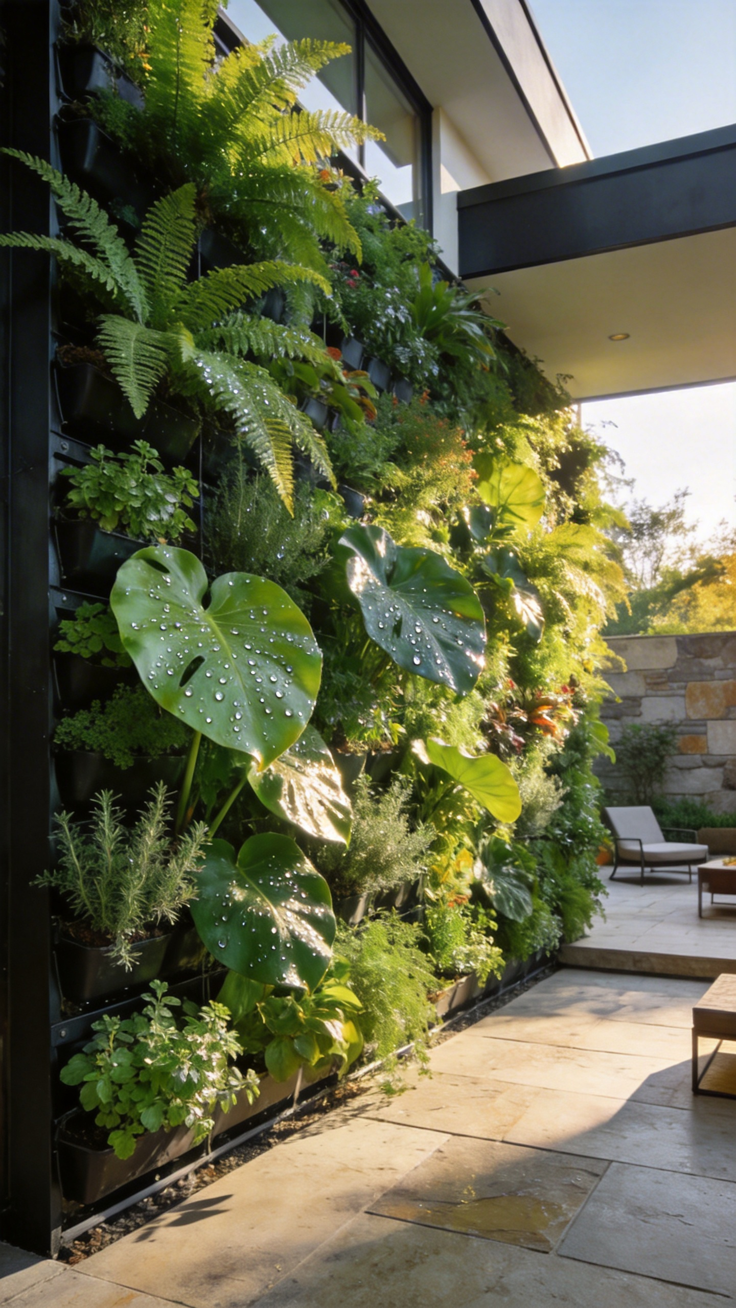 A vibrant vertical hydroponic living wall serving as a lush green privacy screen on a modern stone patio.