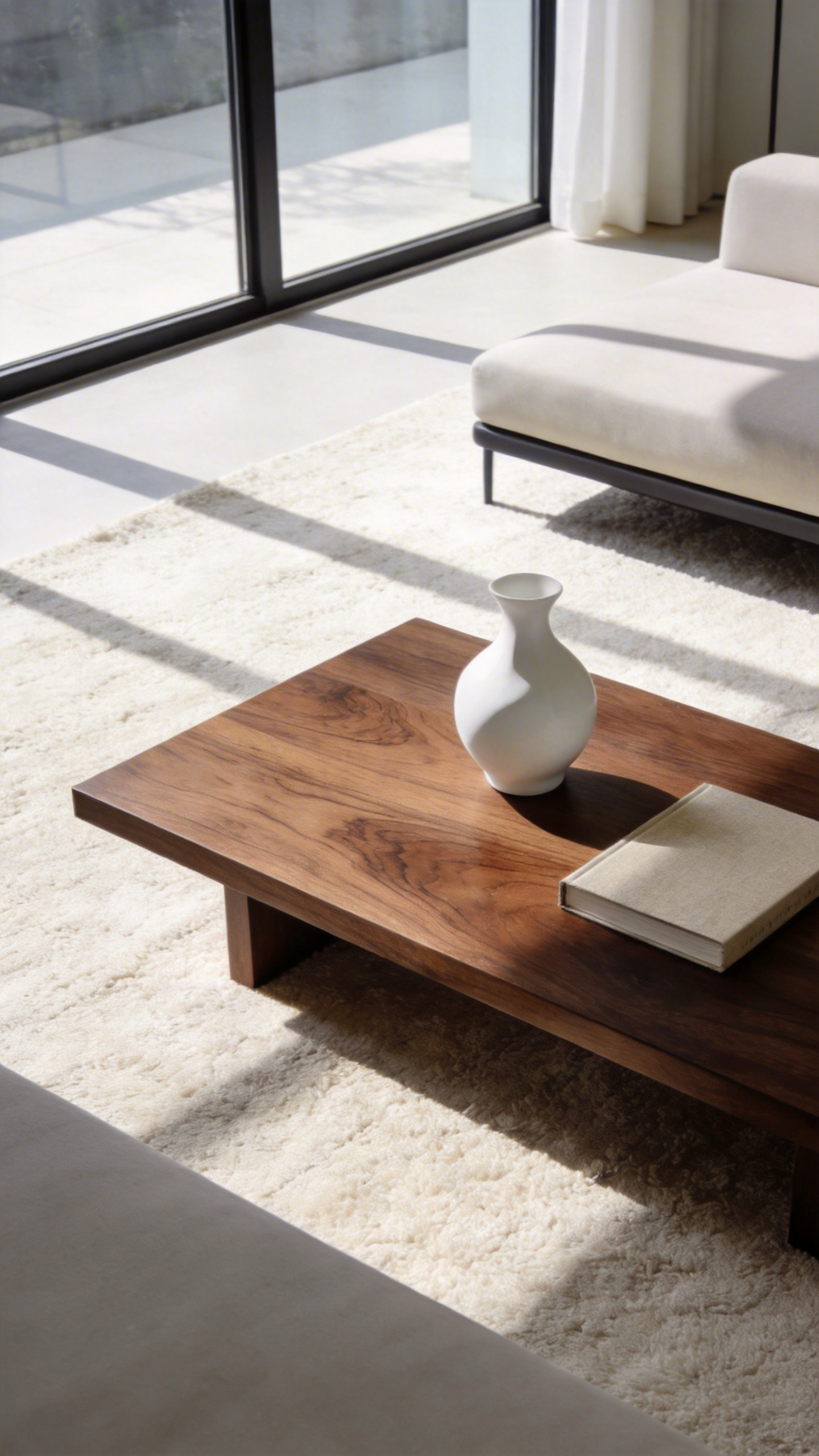 A minimalist dark walnut coffee table in a sunlit living room featuring a single sculptural vase and linen book to demonstrate negative space design.