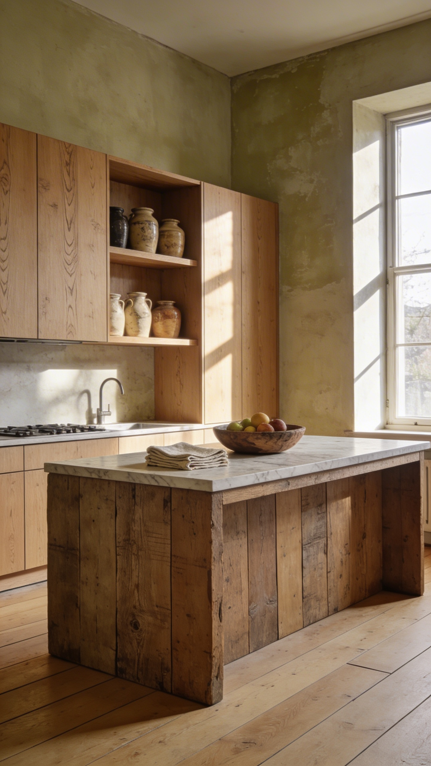 A modern kitchen featuring warm minimalist furniture, natural wood cabinets, and a reclaimed wood island under soft natural light.