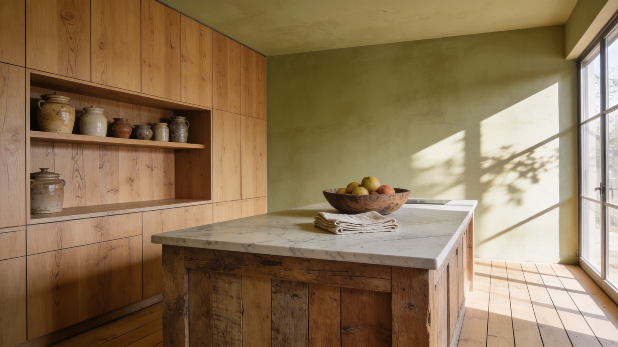 A modern kitchen featuring warm minimalist furniture, natural wood cabinets, and a reclaimed wood island under soft natural light.