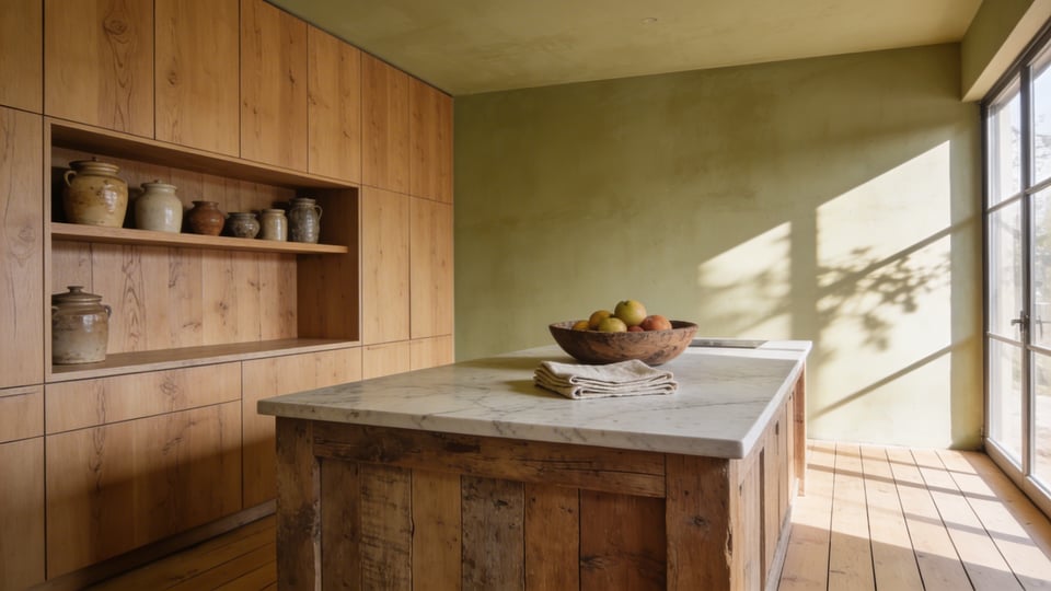 A modern kitchen featuring warm minimalist furniture, natural wood cabinets, and a reclaimed wood island under soft natural light.