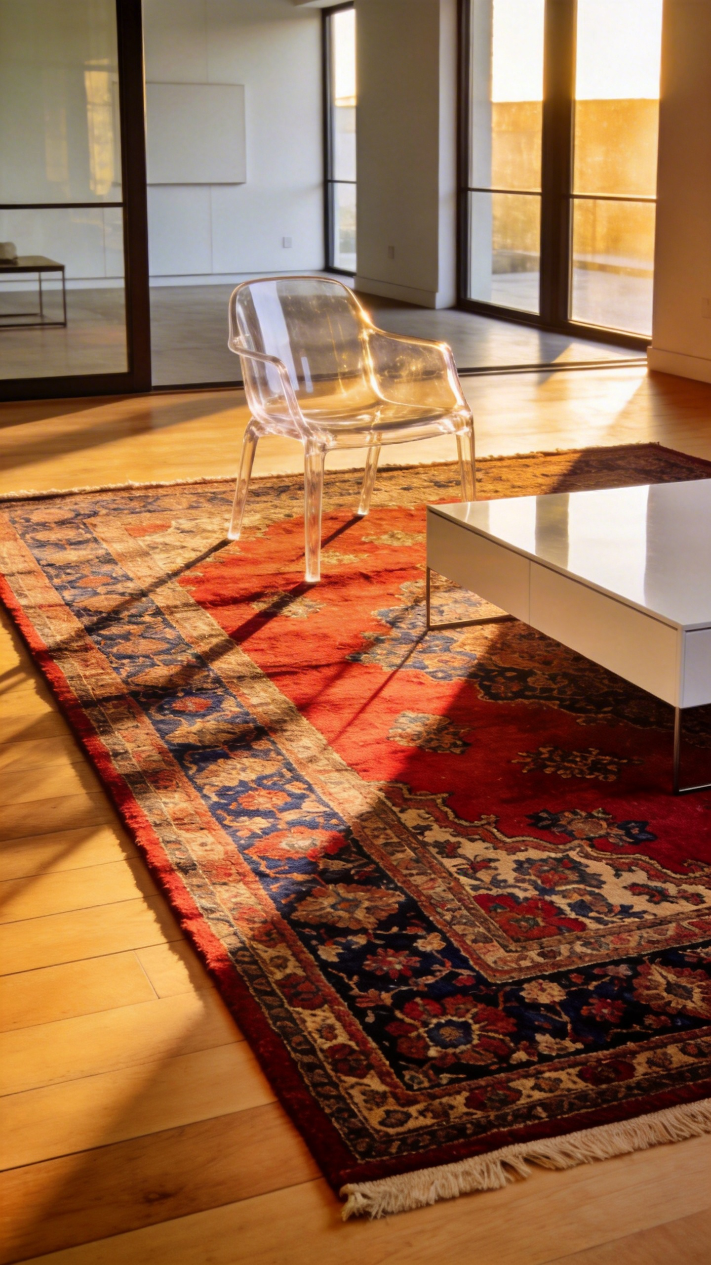 A transparent modern polycarbonate chair positioned on a vibrant antique Persian Tabriz rug in a bright contemporary living room.
