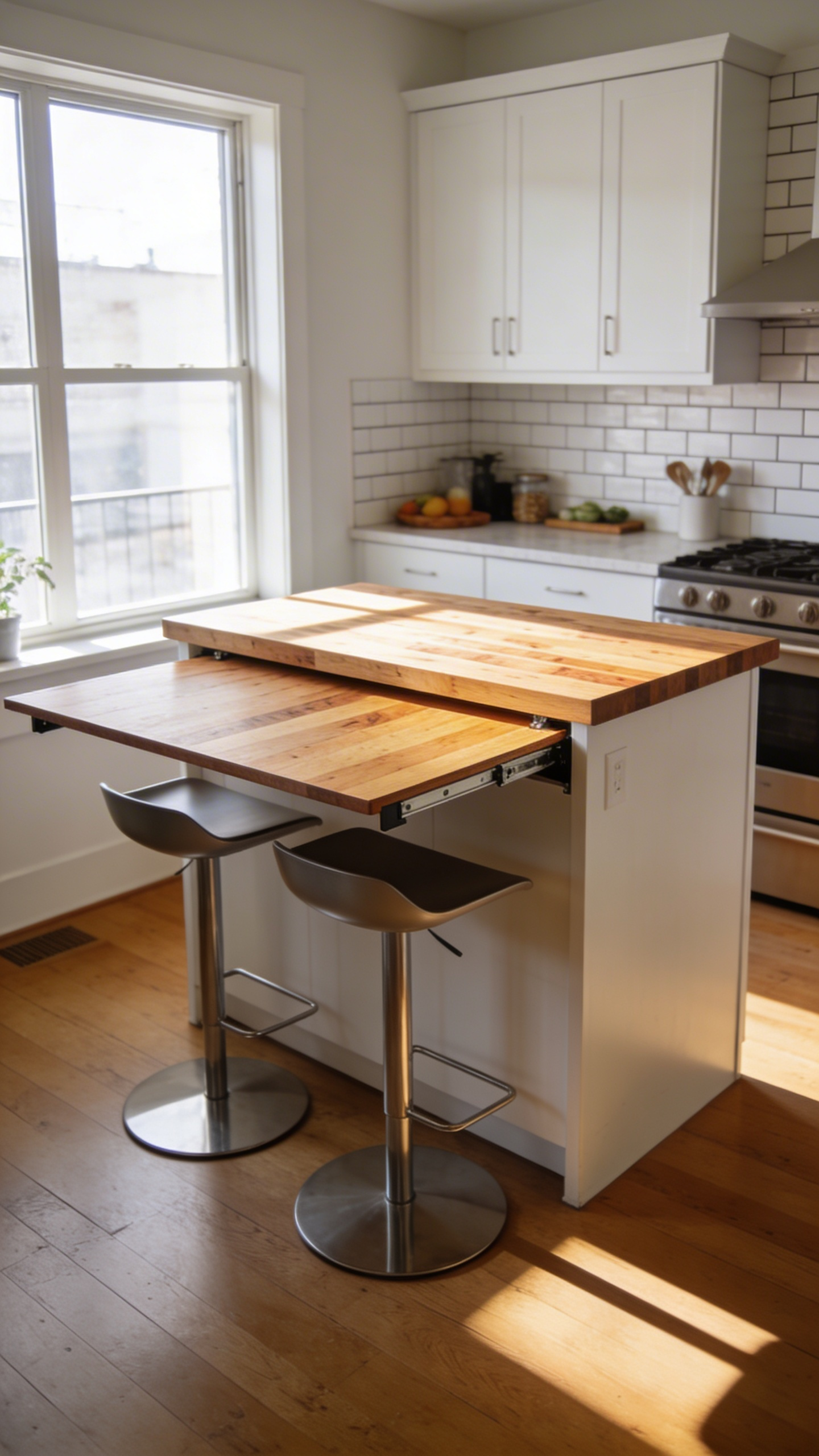A freestanding wooden butcher-block kitchen island with an extended drop-leaf dining bar in a bright, modern apartment.