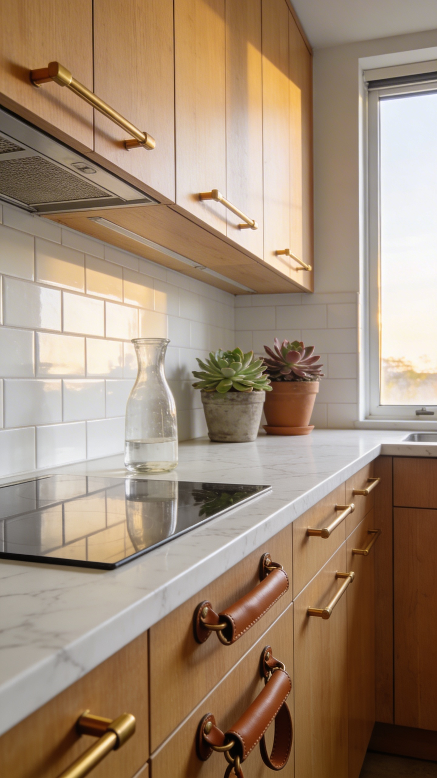 A bright and modern apartment kitchen featuring standard cabinets elevated with artisan brass and leather hardware pulls.