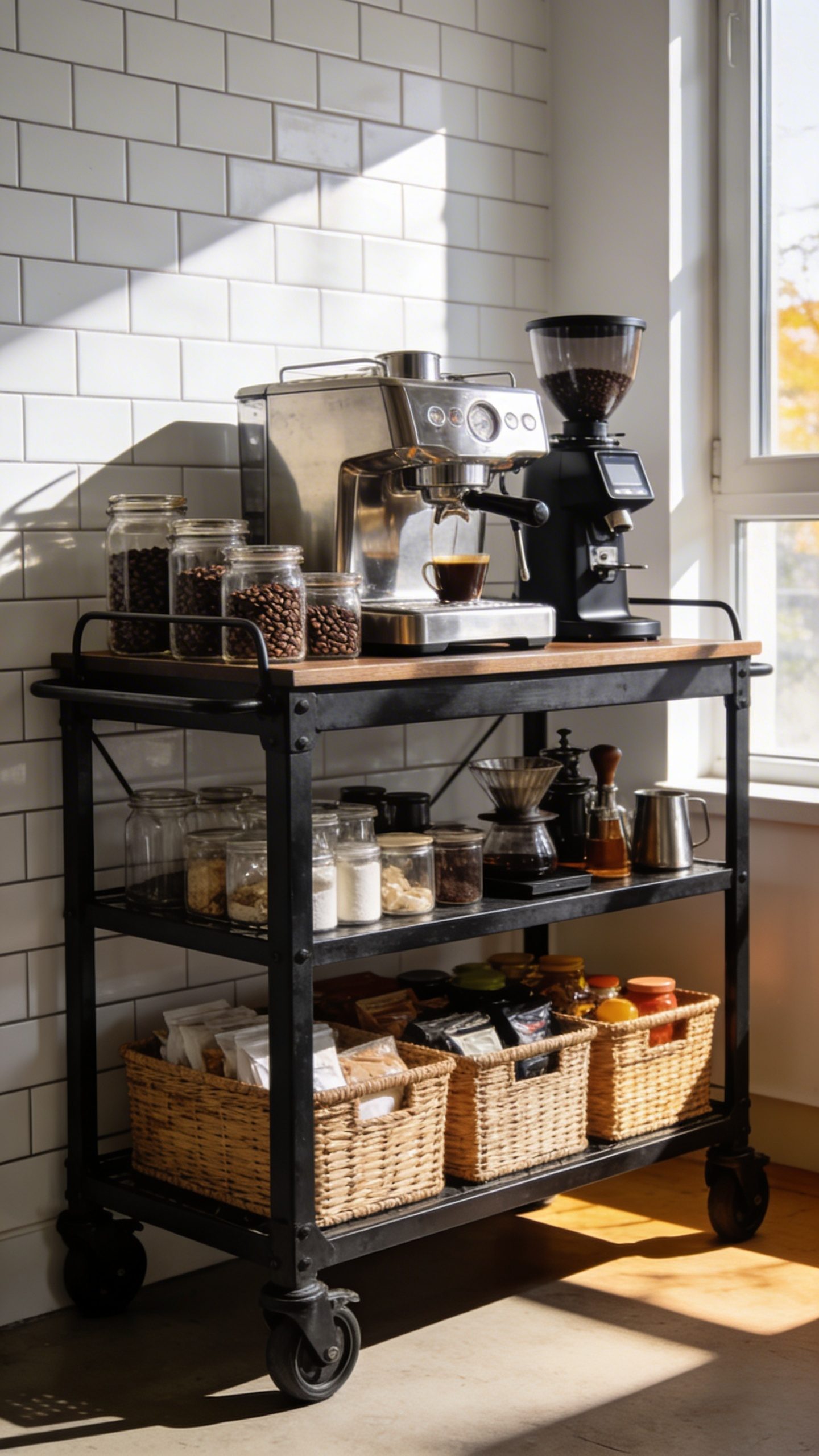 A heavy-duty black metal rolling cart set up as a coffee station with a professional espresso machine and grinder in a bright apartment kitchen.