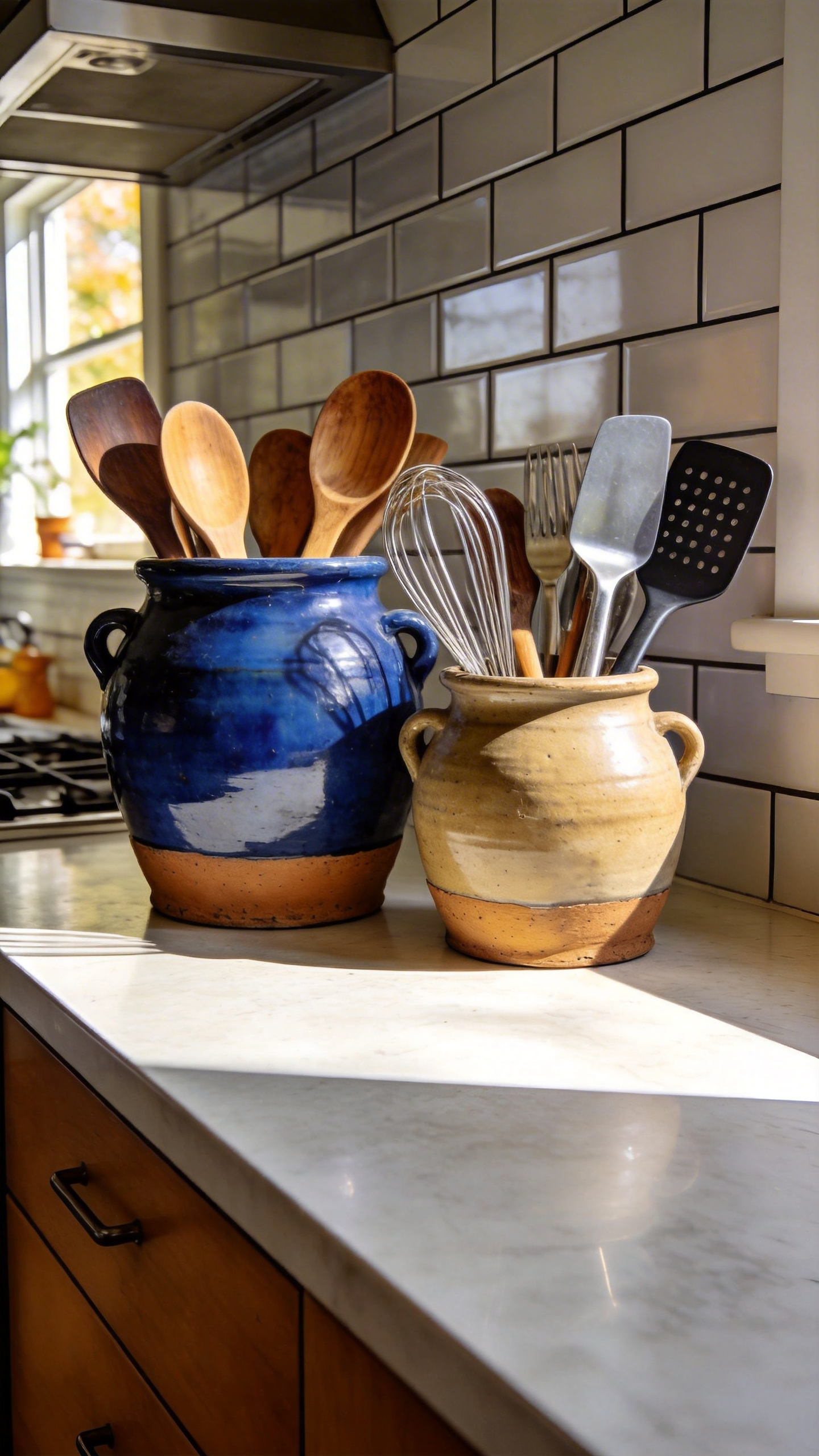 Heavy handmade ceramic pottery crocks used as stable utensil holders on a modern apartment kitchen counter.