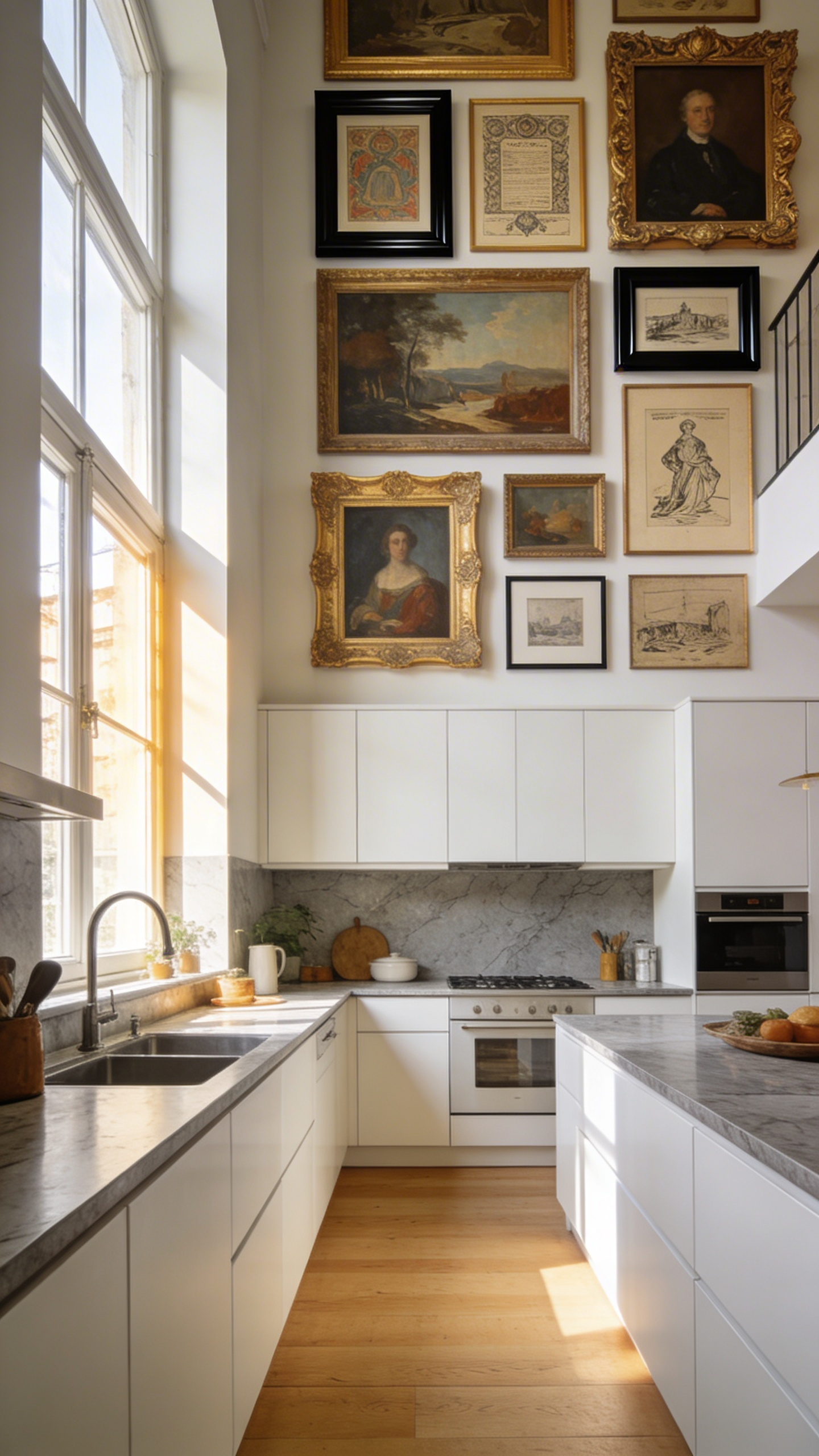 A stylish apartment kitchen showing a collection of framed art and vintage prints arranged on the wall space above white cabinets to create a high-ceiling effect.