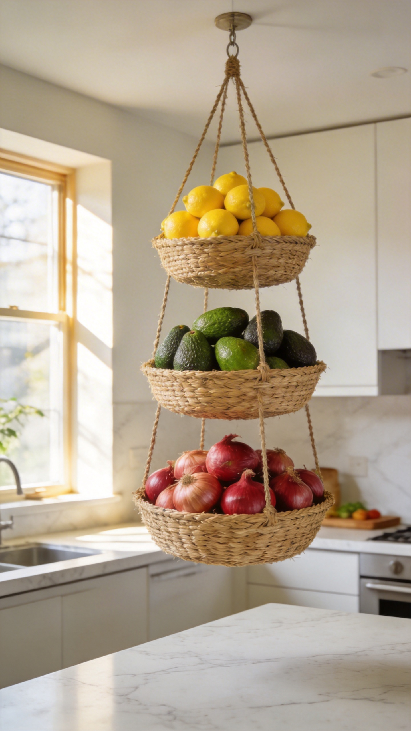 A set of tiered hanging woven produce baskets filled with fresh vegetables and fruit in a sunlit modern apartment kitchen.