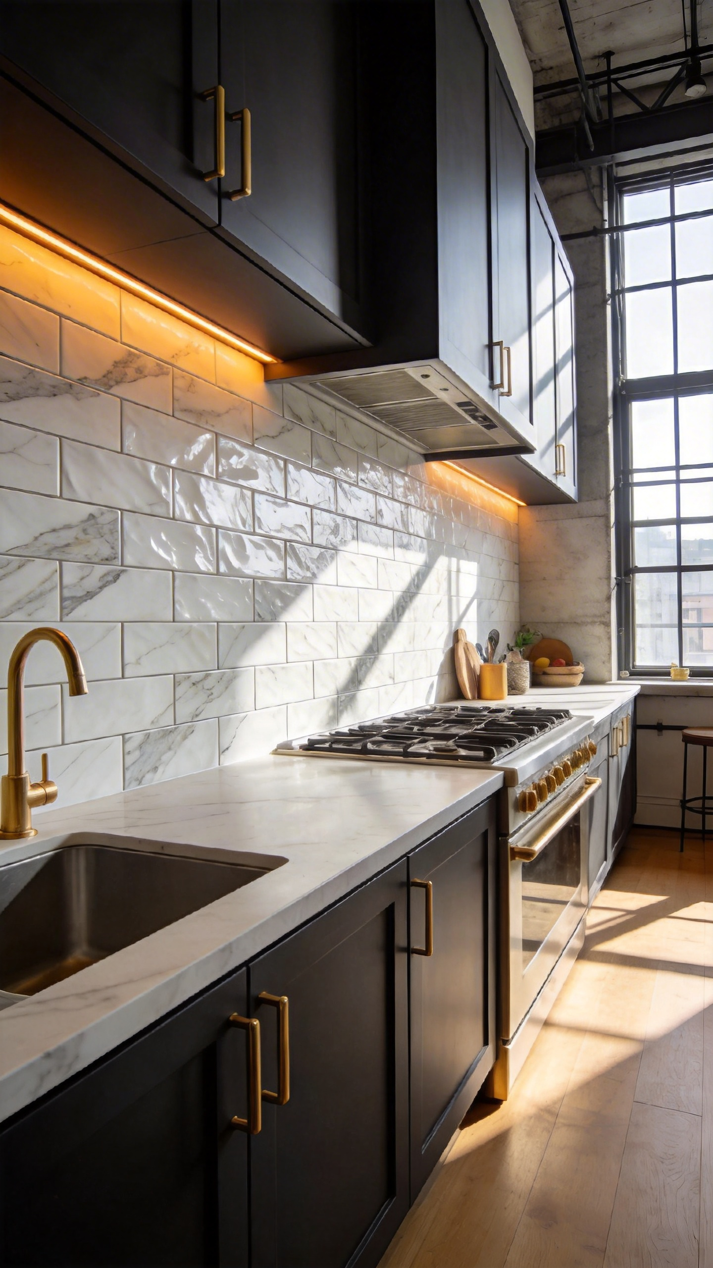 A stylish apartment kitchen showcasing a realistic 3D peel-and-stick marble backsplash with charcoal cabinets and bright natural lighting.