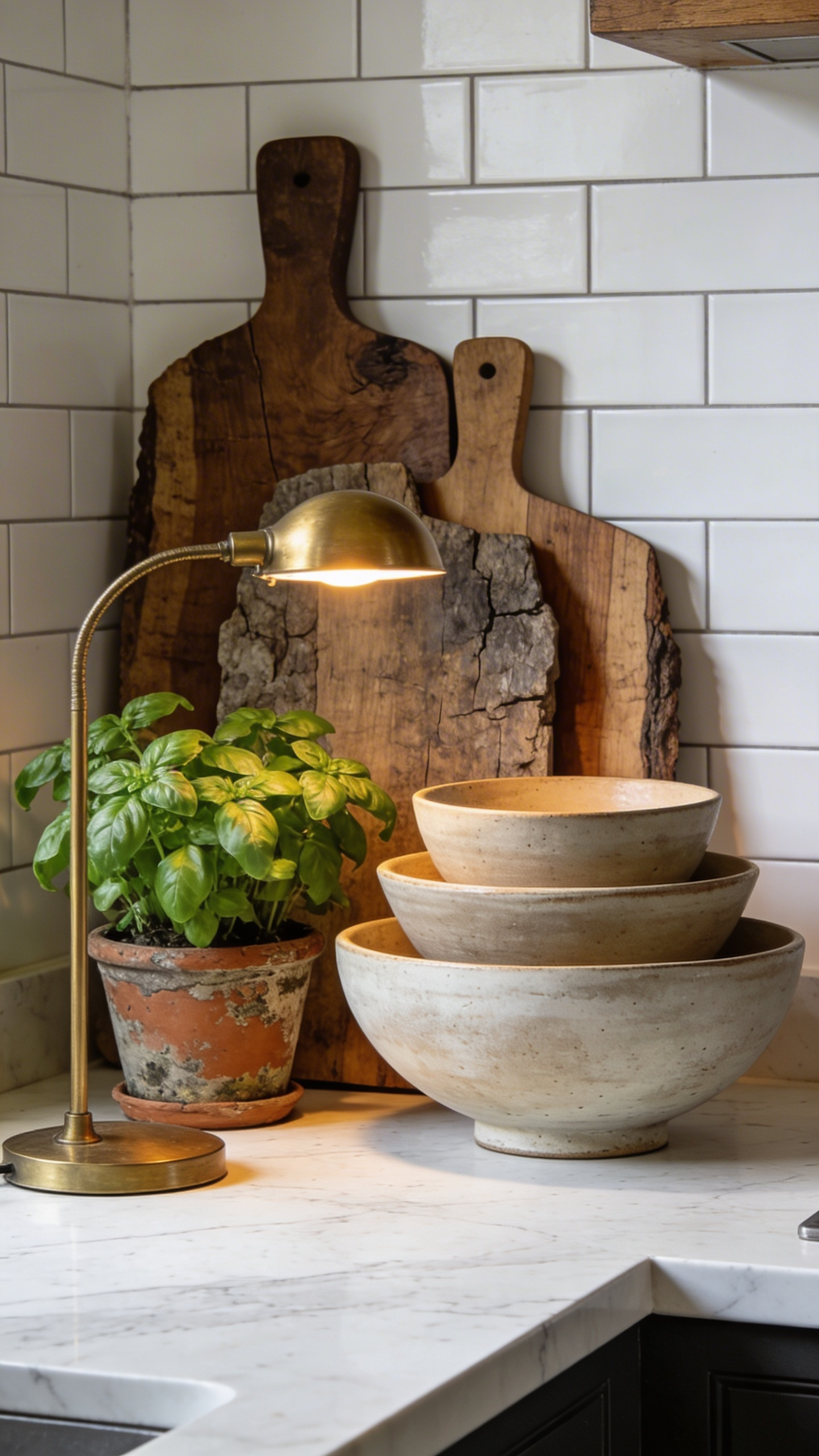 A curated apartment kitchen countertop featuring a brass task lamp, a potted herb plant, a sculptural ceramic bowl, and wooden cutting boards against a white tile backsplash.