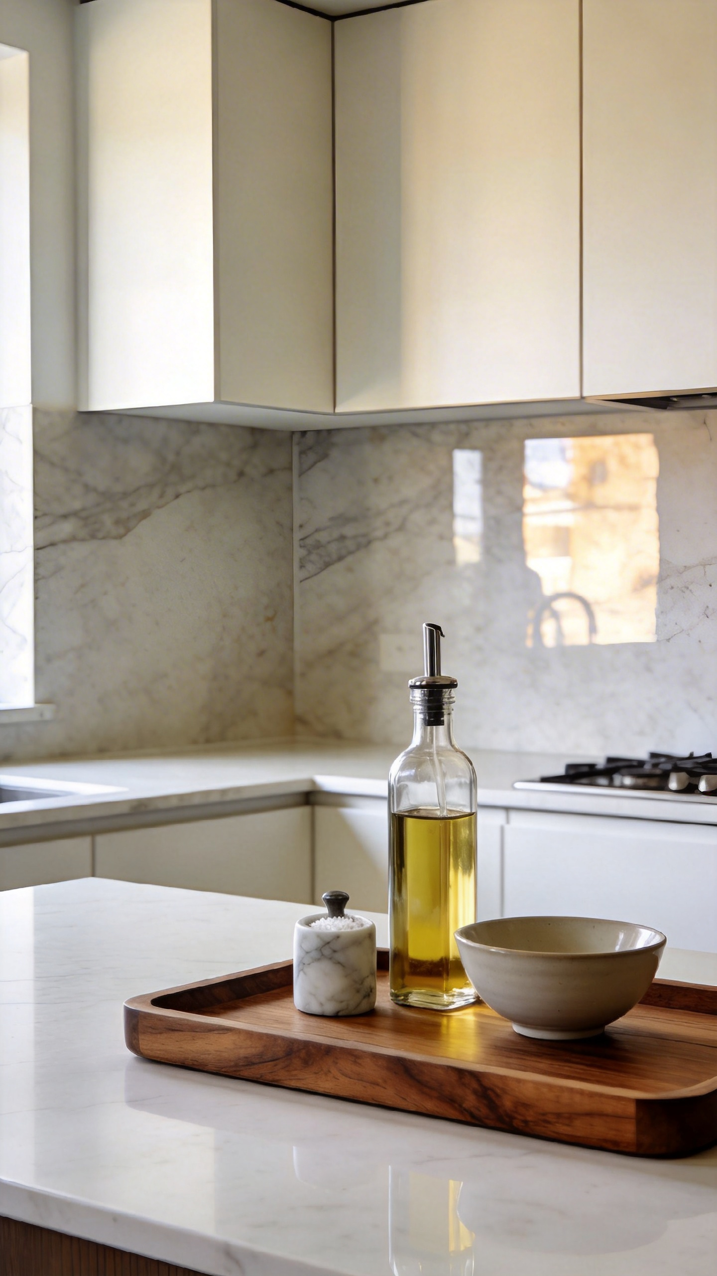 A curated wooden tray on a white marble apartment kitchen counter holding cooking essentials to reduce visual clutter.