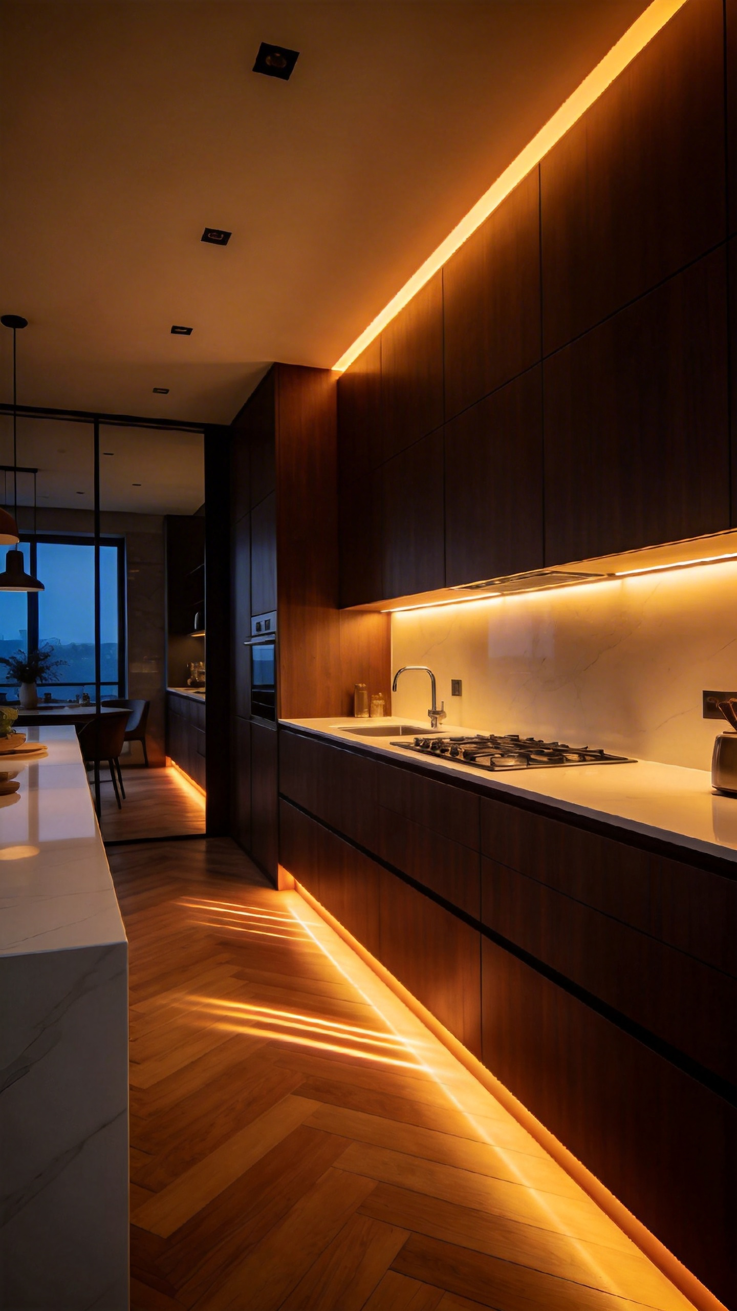 A modern apartment kitchen featuring warm hidden LED strip lighting under cabinets and floor kicks creating a cozy honeyed amber glow.