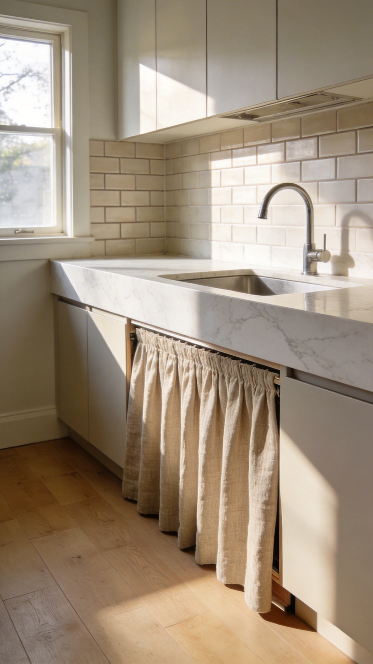 A modern apartment kitchen featuring a thick natural linen skirt camouflaging the open lower cabinets under a stone countertop.
