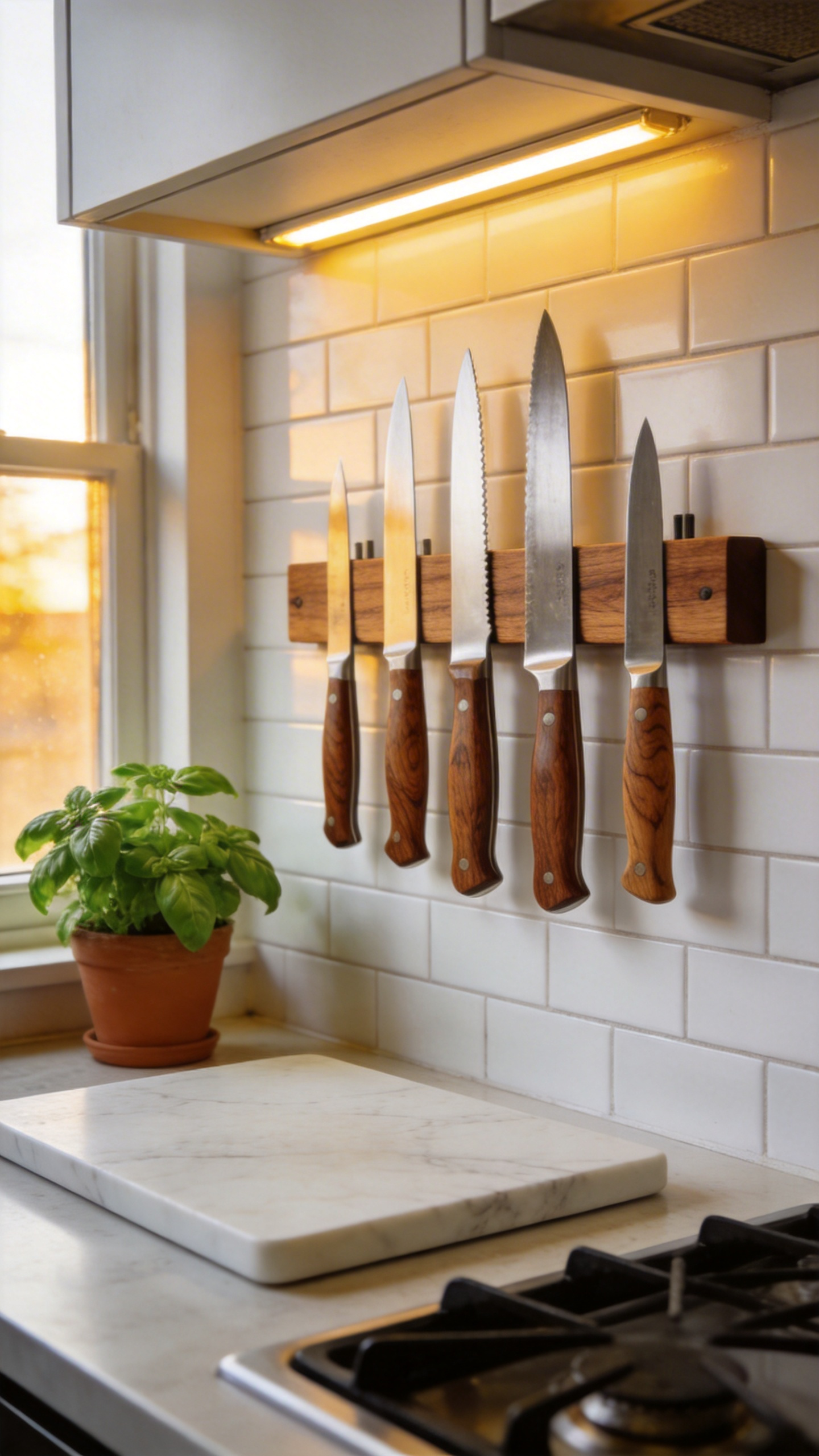 A stylish apartment kitchen featuring a wooden magnetic knife strip mounted on a white tile wall as a vertical art installation.