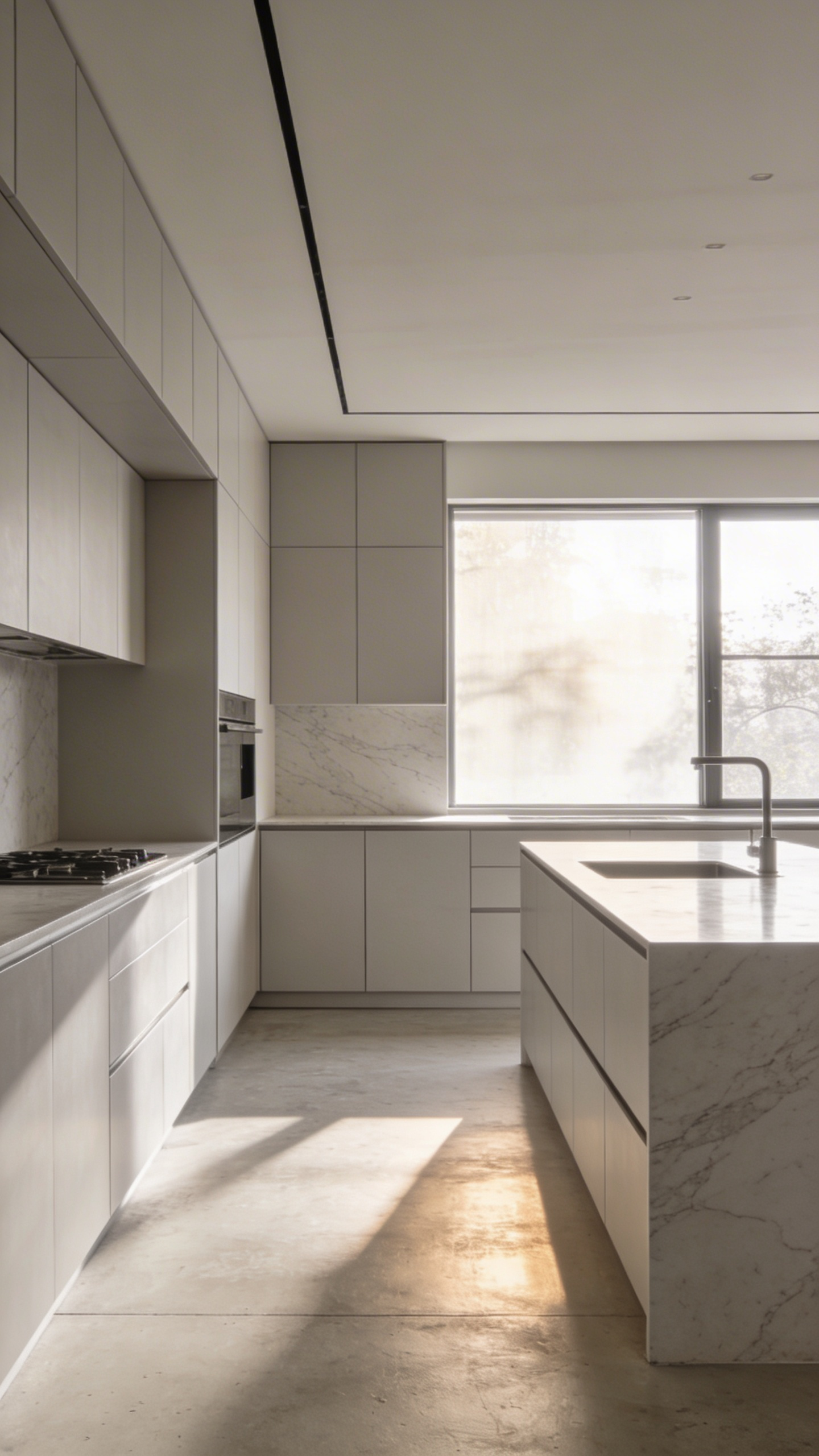 A serene monochromatic apartment kitchen with seamless grey cabinetry and integrated appliances designed to create a clean visual canvas.