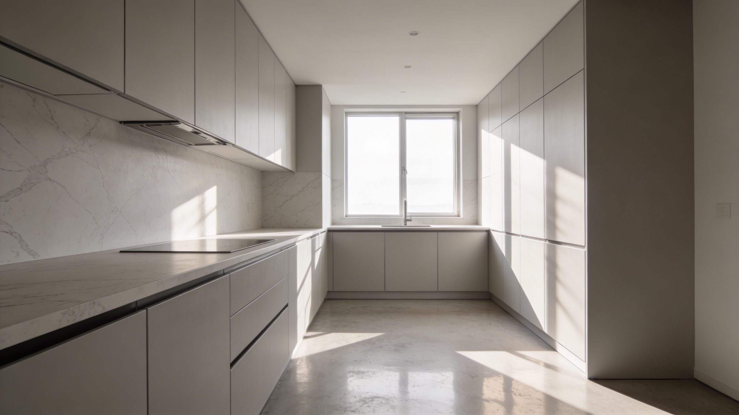 A serene monochromatic apartment kitchen with seamless grey cabinetry and integrated appliances designed to create a clean visual canvas.