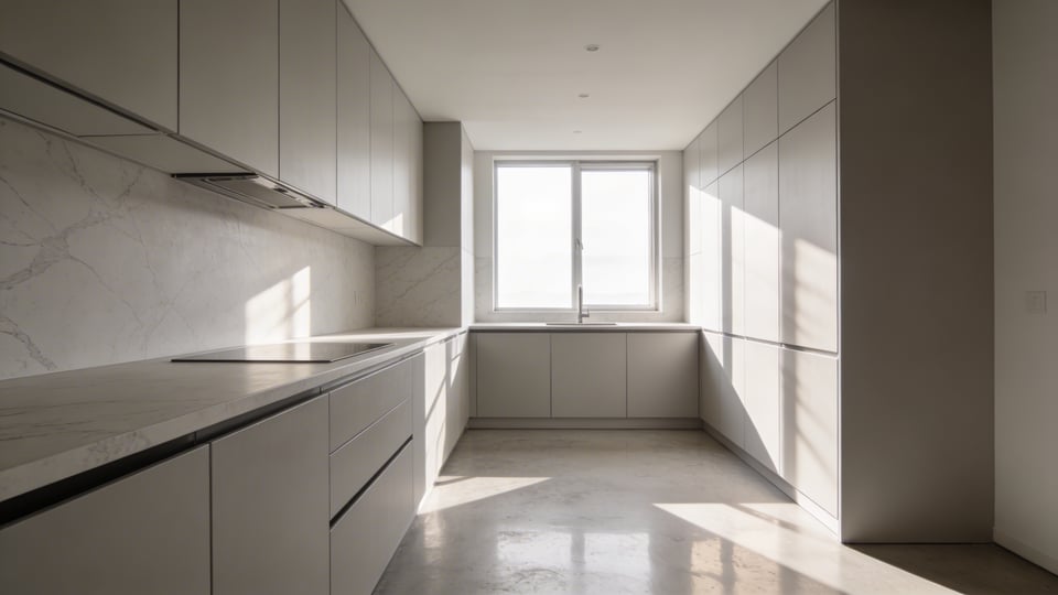 A serene monochromatic apartment kitchen with seamless grey cabinetry and integrated appliances designed to create a clean visual canvas.