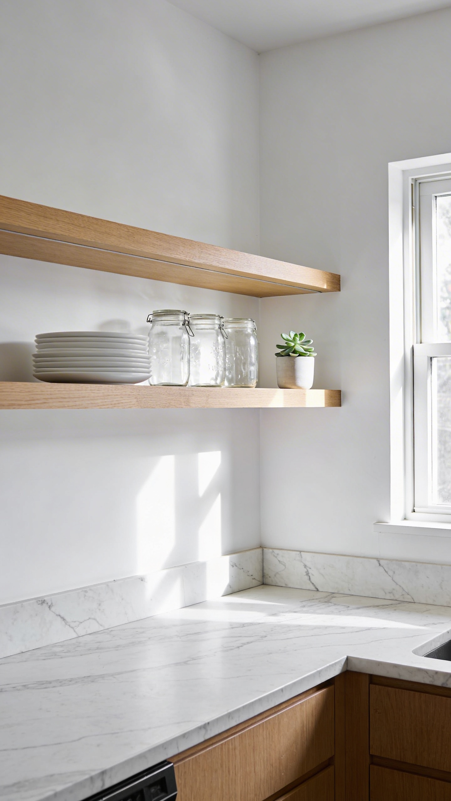 Minimalist open wooden shelves in a bright apartment kitchen featuring white dishware and intentional negative space.
