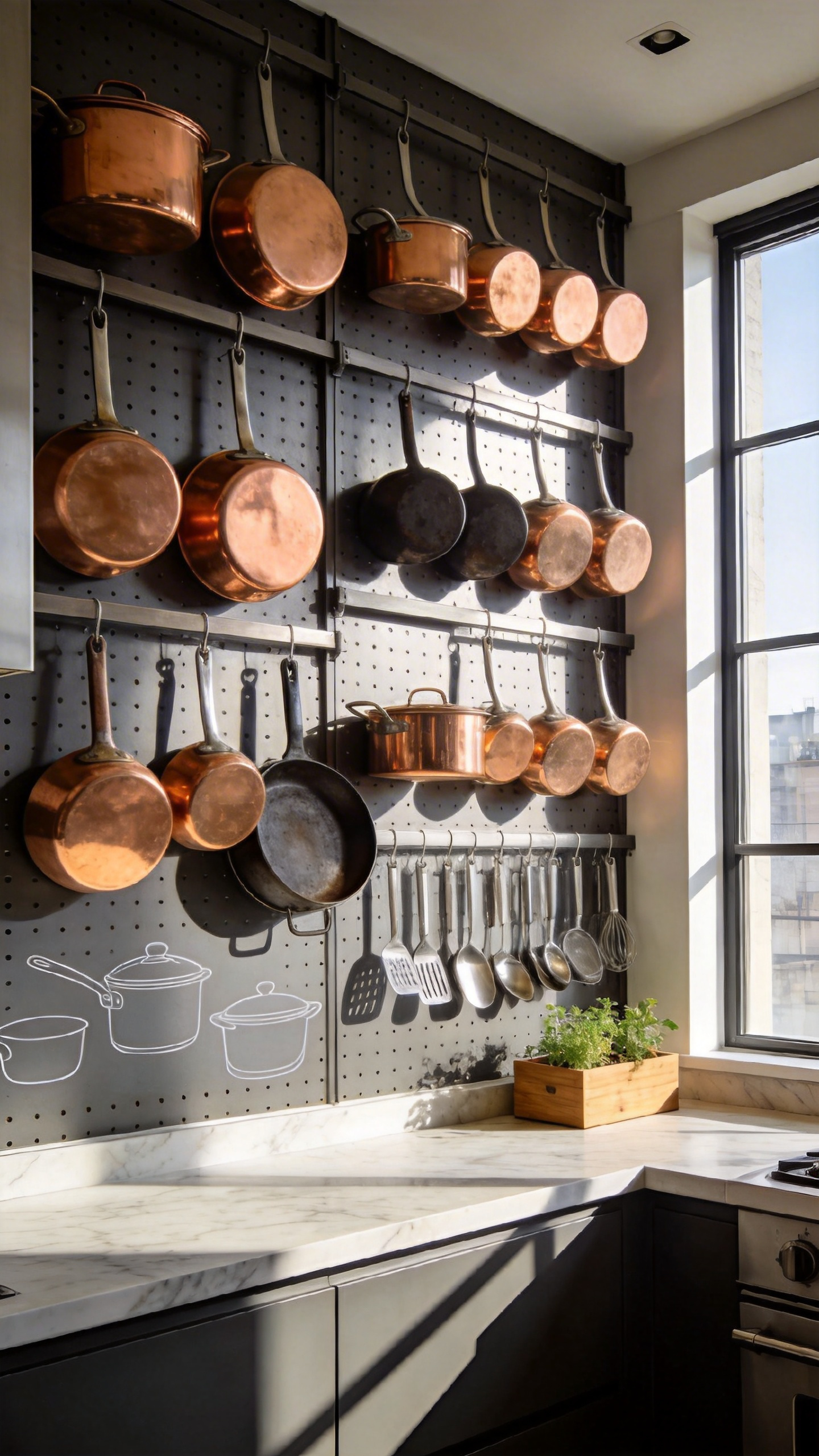 A modern apartment kitchen wall featuring a large organized pegboard storage system with copper pots, pans, and kitchen utensils.