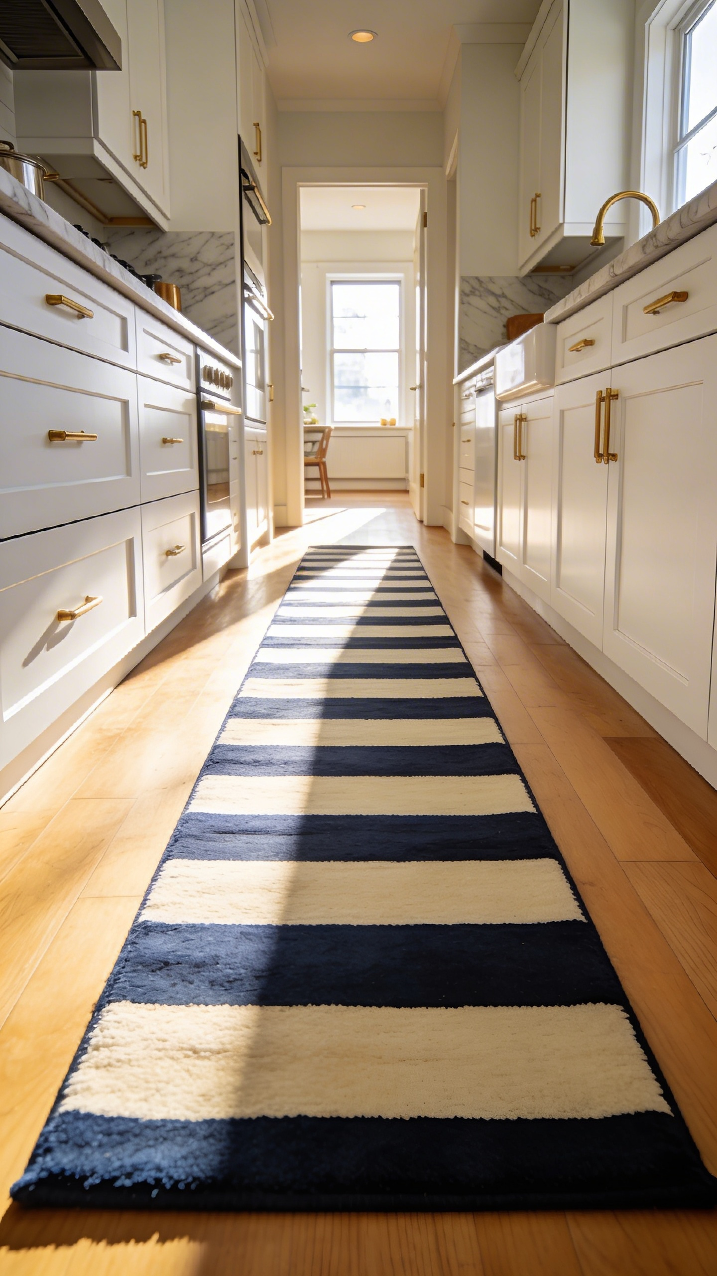 A long geometric washable runner rug centered in a narrow apartment galley kitchen to create an illusion of space.