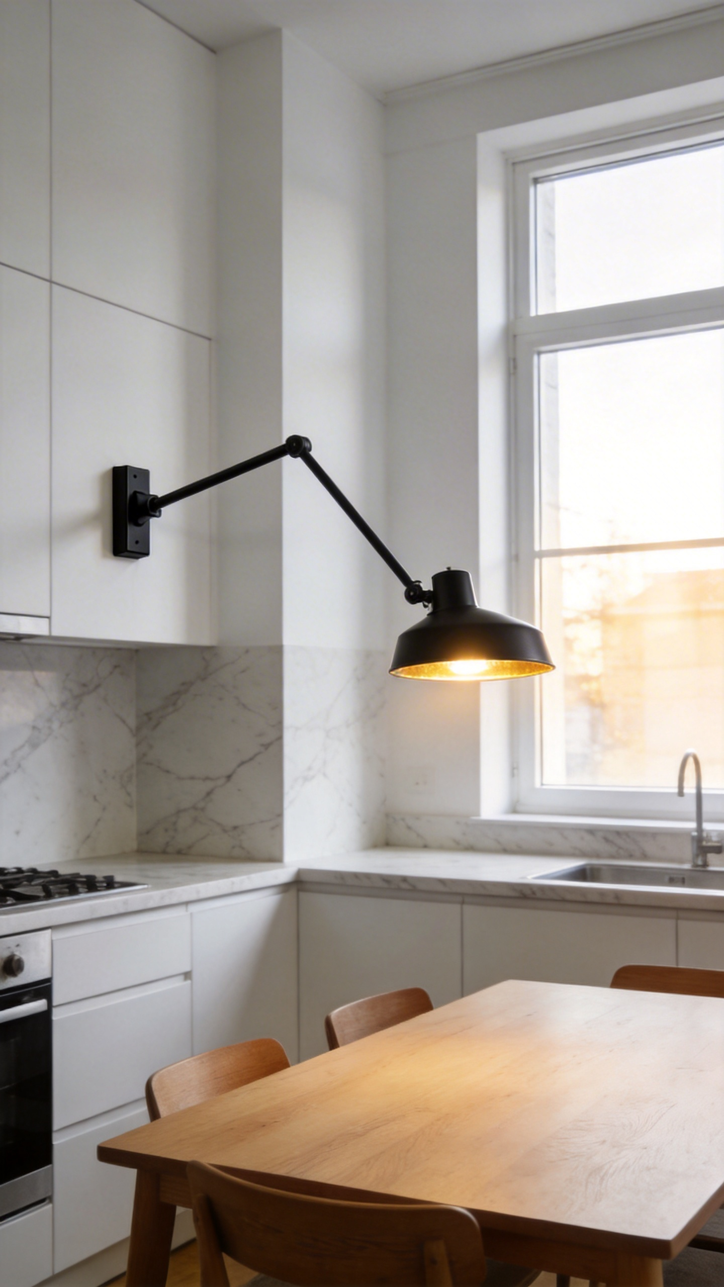 A modern apartment kitchen interior showing a black swing-arm wall sconce providing task lighting over a dining area.