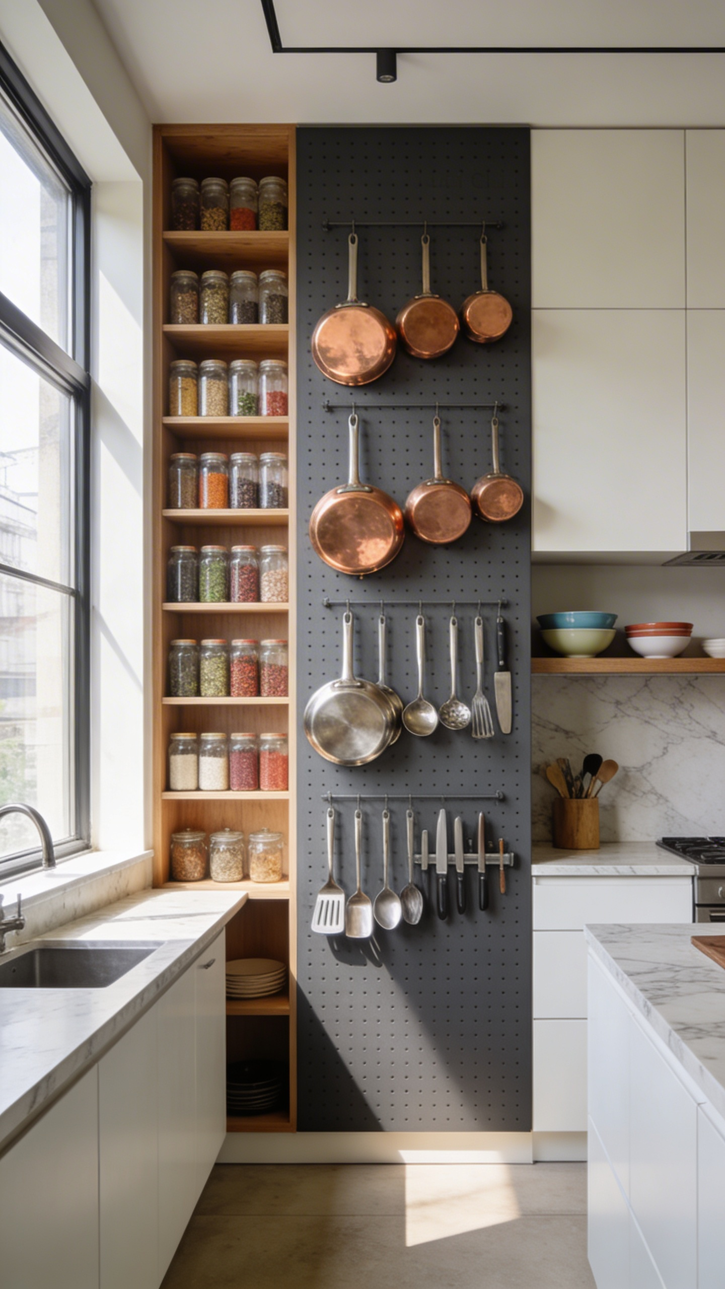 A modern apartment kitchen displaying visible storage solutions with a pegboard for copper cookware and organized spice racks.