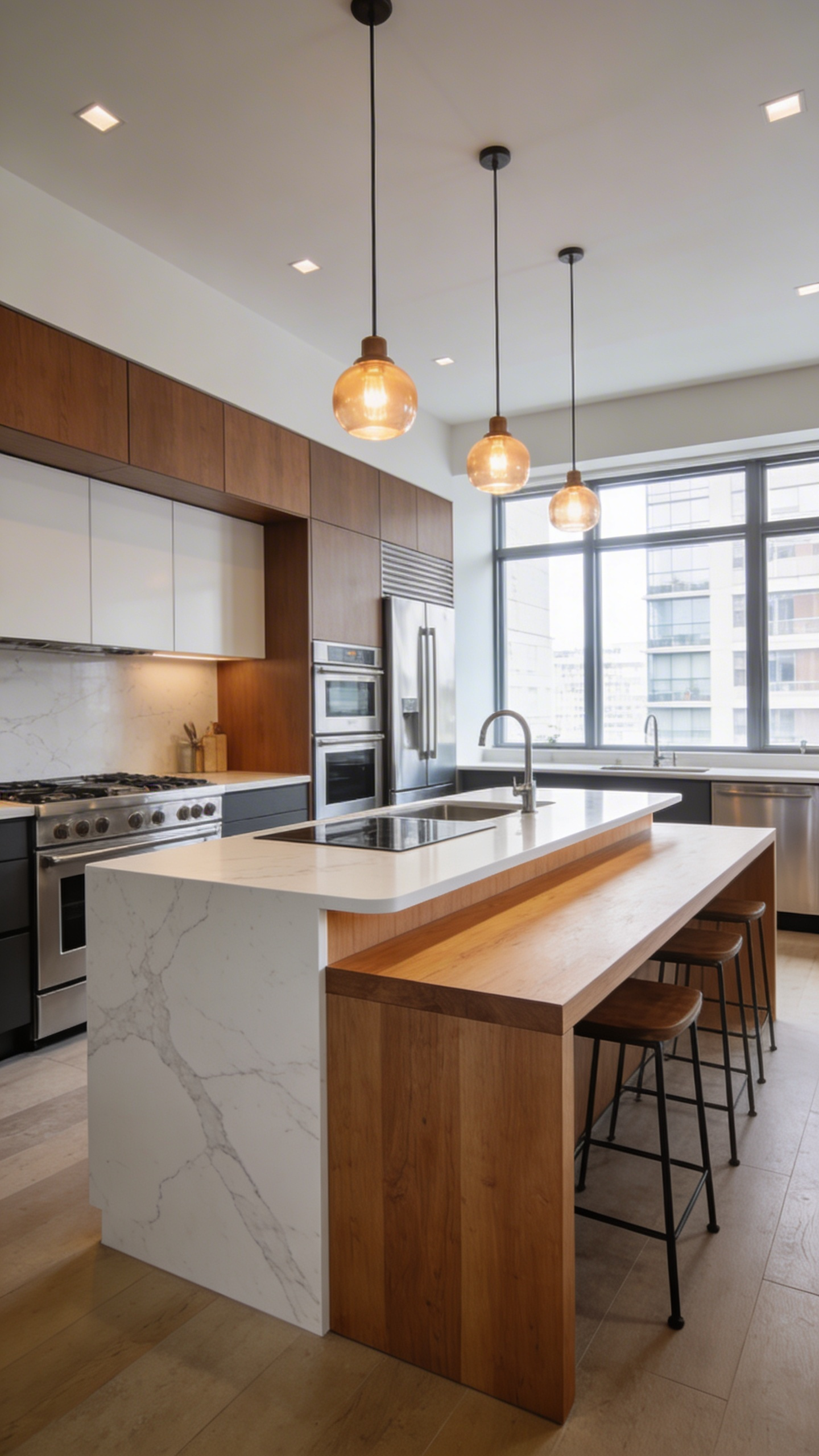 A modern apartment kitchen featuring a split-level central island optimized for both food preparation and a professional workspace.