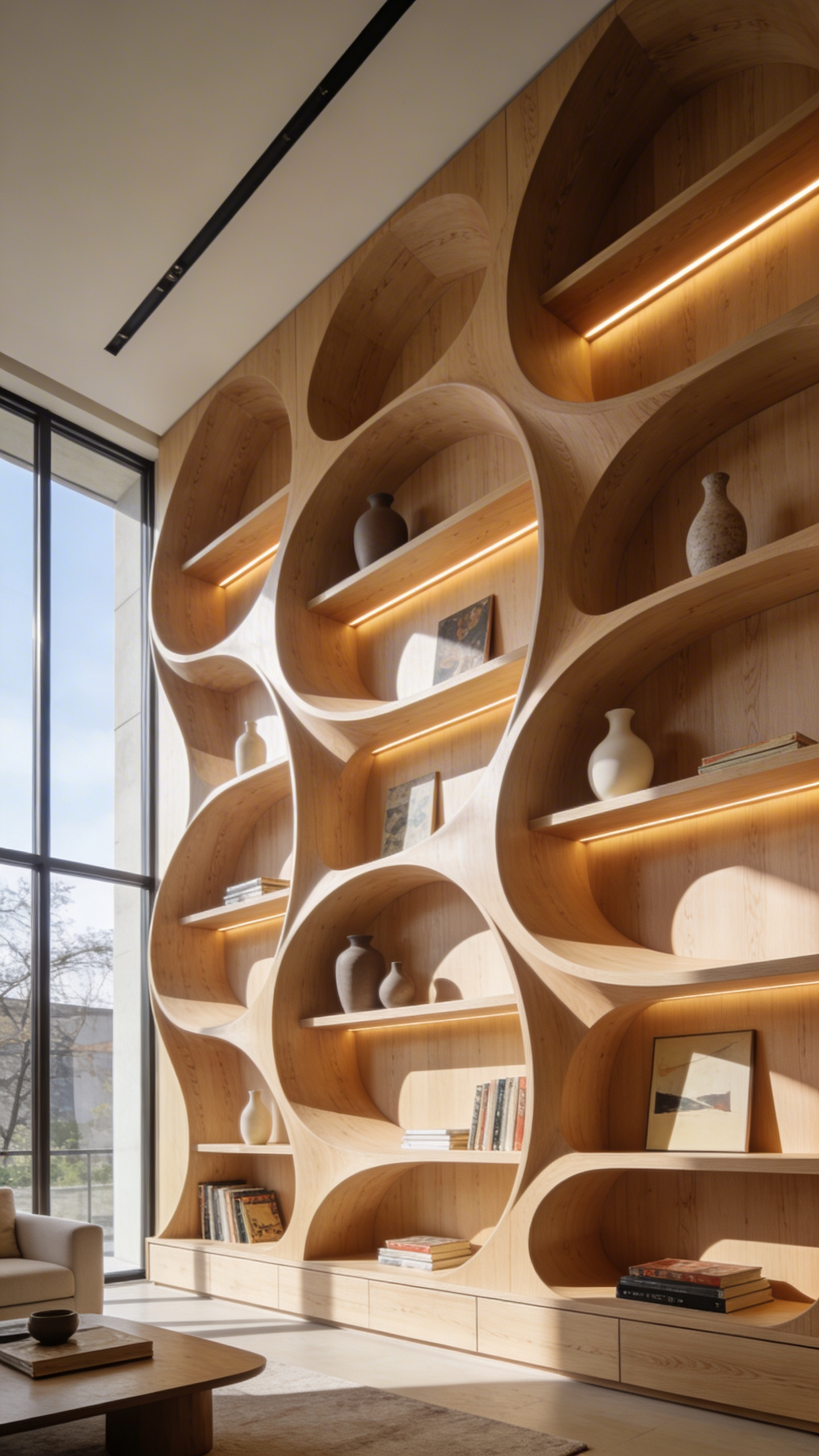 A modern living room featuring a large, fluid parametric built-in wooden shelving unit designed as a functional art installation.