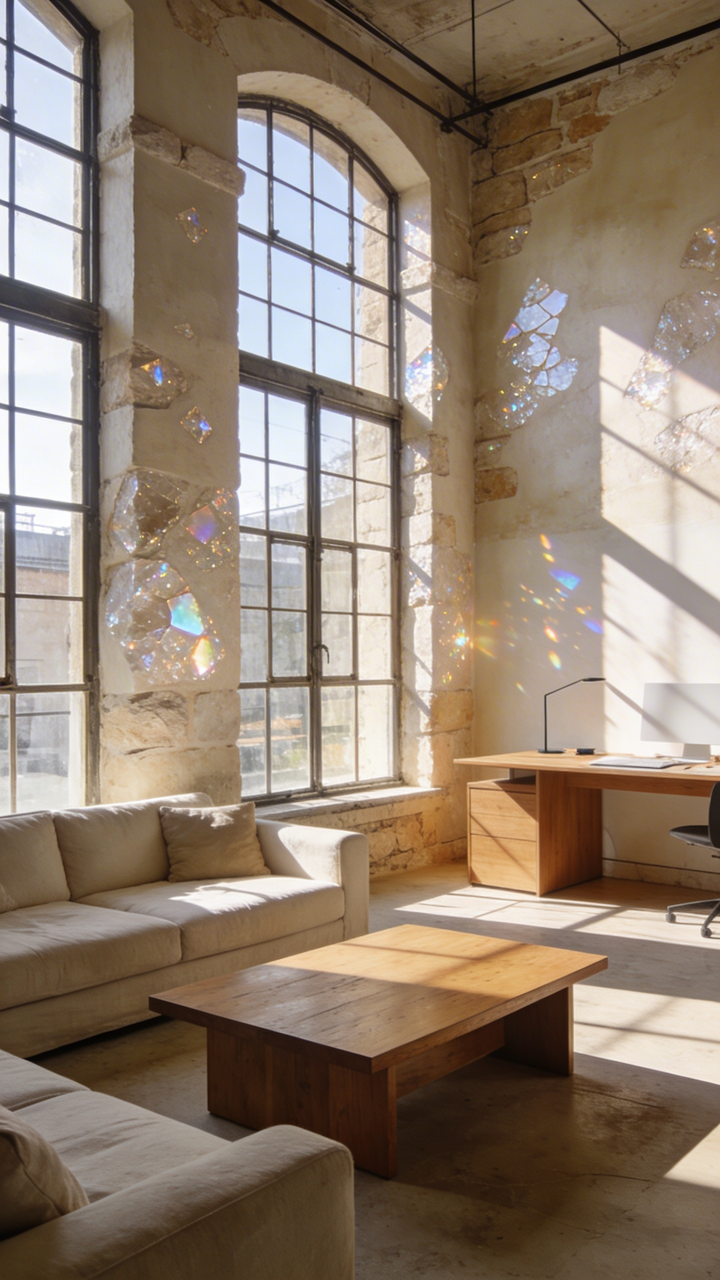 A spacious living room and studio area featuring textured architectural limewash walls and minimalist furniture in natural morning light.