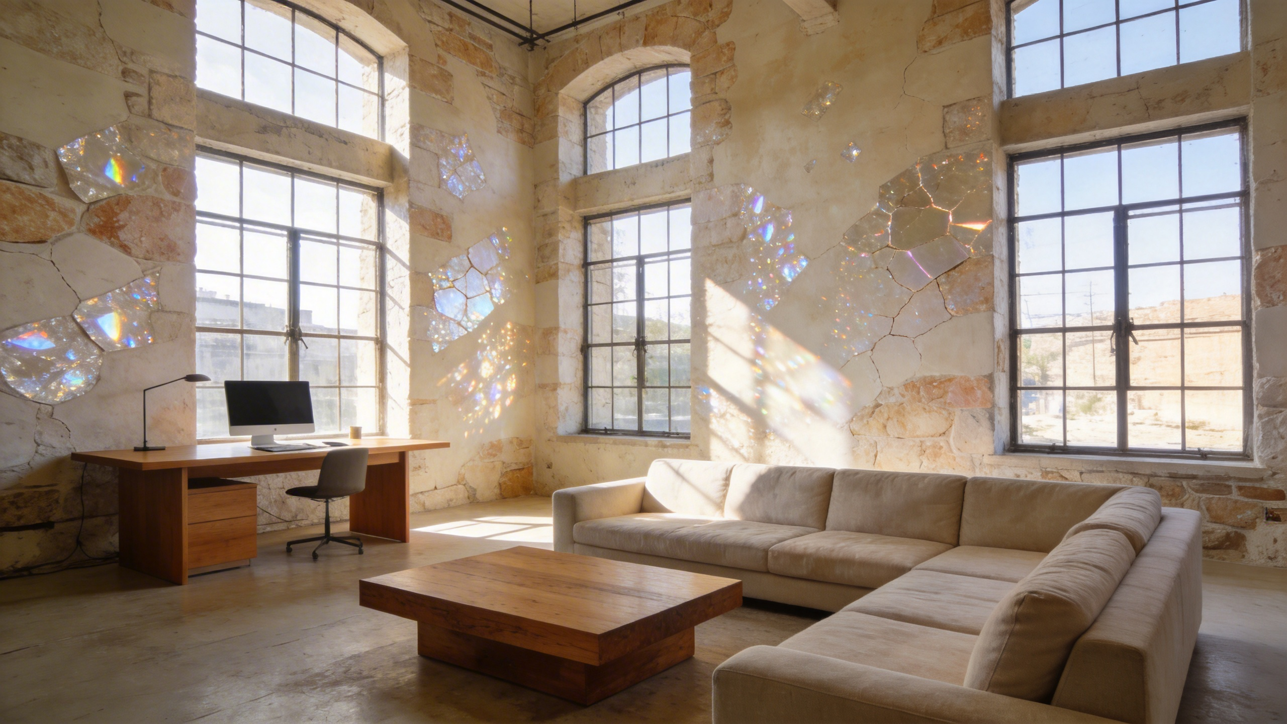 A spacious living room and studio area featuring textured architectural limewash walls and minimalist furniture in natural morning light.