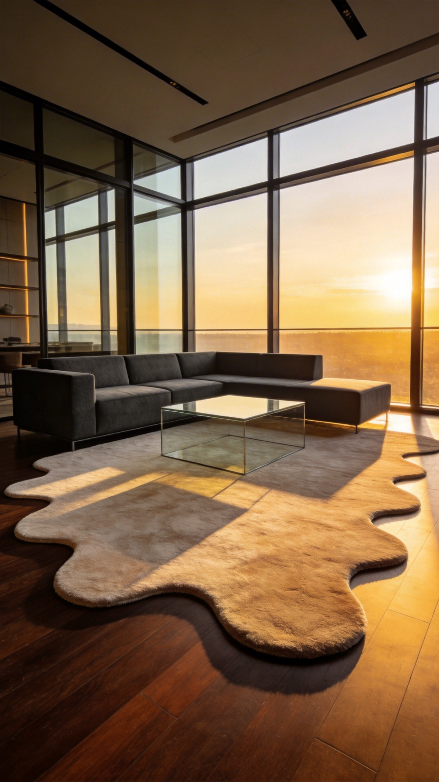 A modern living room featuring a plush free-form rug that breaks up the rigid lines of the furniture and architecture.