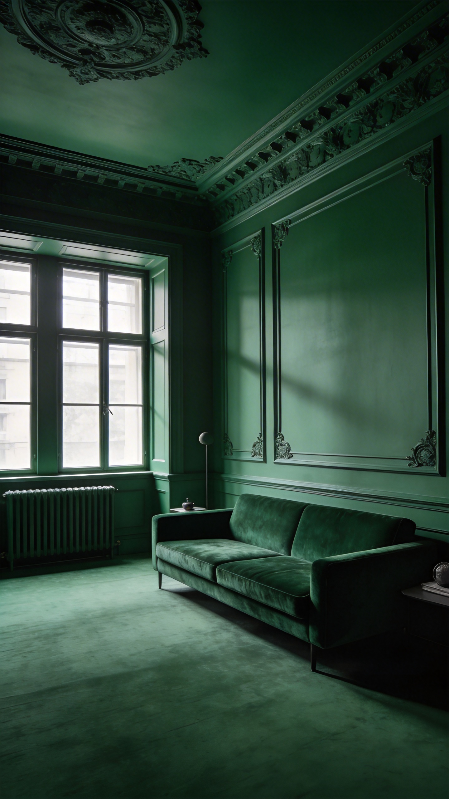 A professional photograph of a living room where walls, ceiling, and trim are all painted the same deep forest green to create a color-drenched monochromatic look.