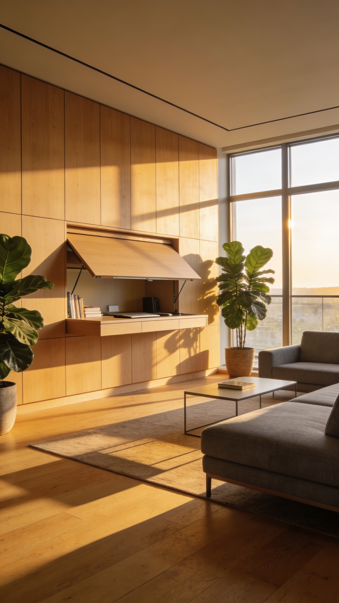 A modern living room wall featuring a custom wooden cabinet with an integrated drop-down desk for a hidden home office.