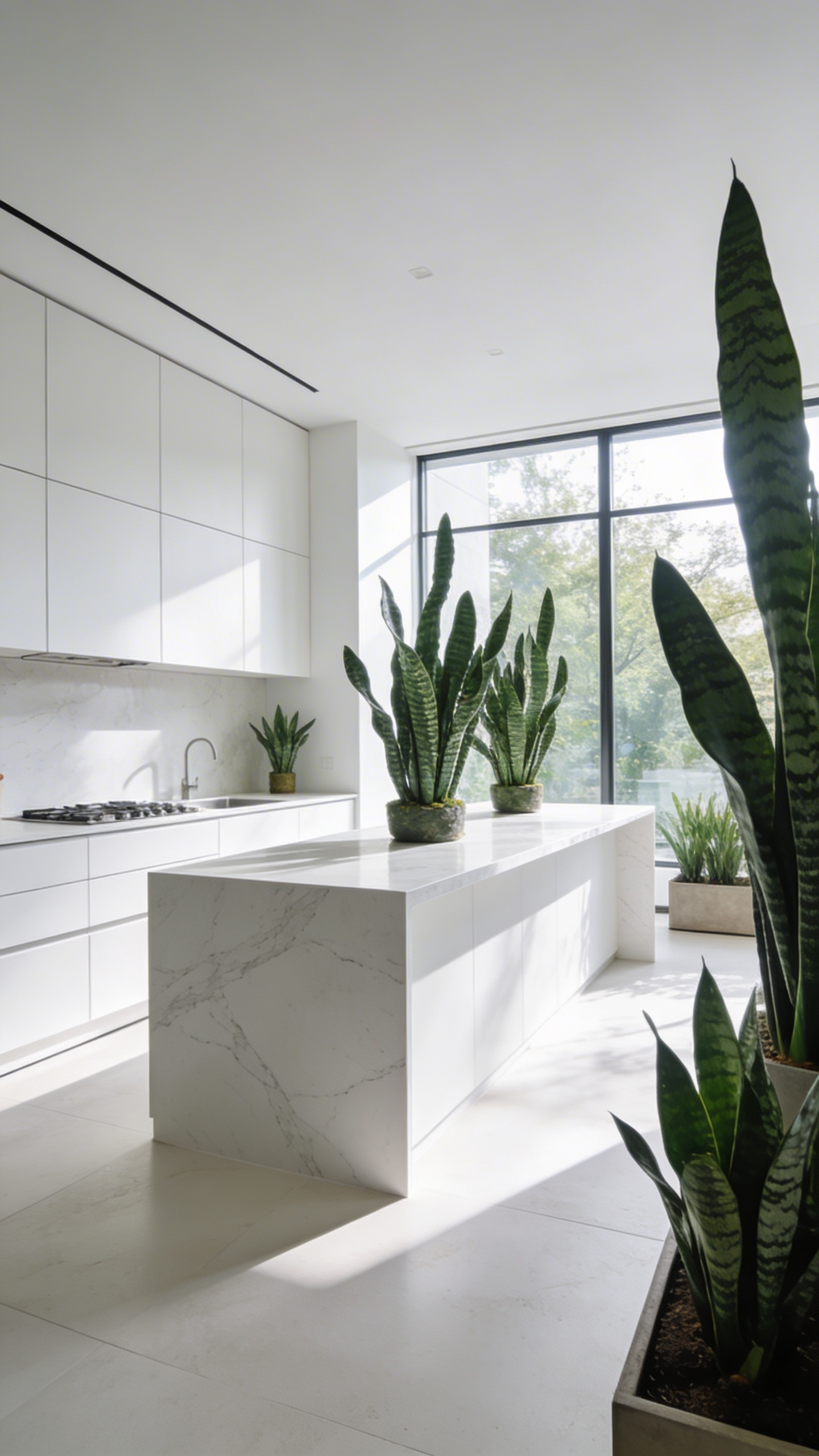A minimalist modern white kitchen featuring architectural snake plants as green accents against white cabinetry.